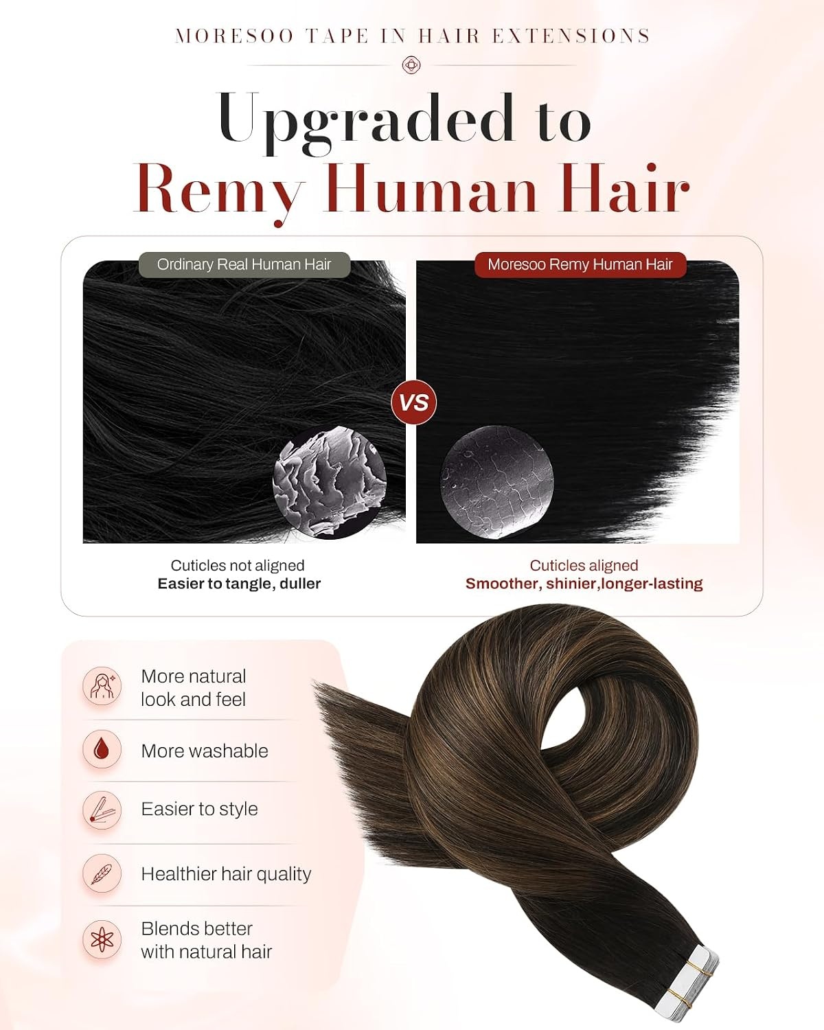 image:imageMoresoo Brown Balayage Tape in Hair Extensions 16 Inch Tabs Bundle