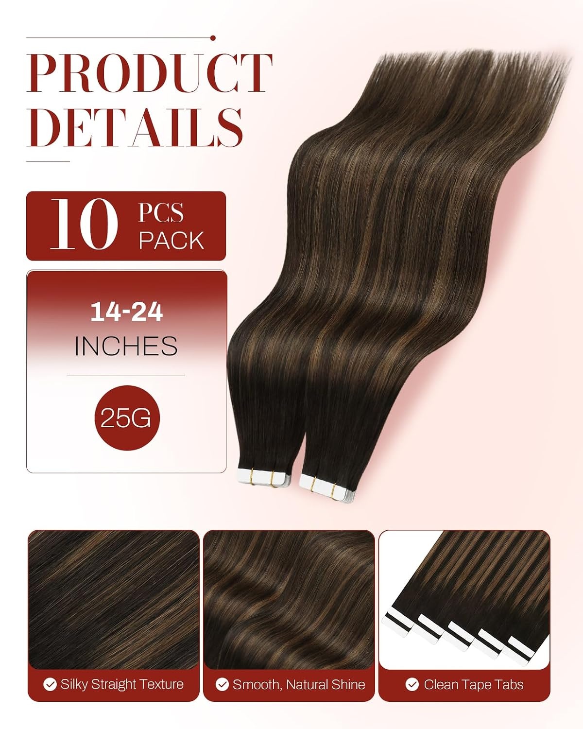 image:imageMoresoo Brown Balayage Tape in Hair Extensions 16 Inch Tabs Bundle