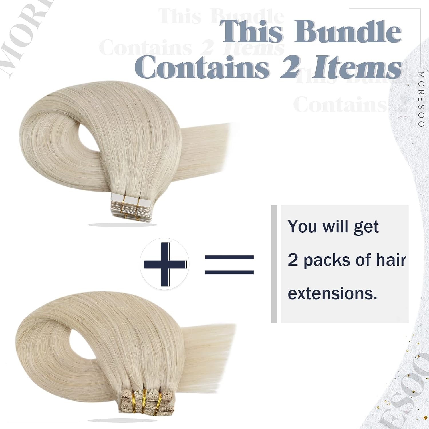 image:imageMoresoo Bundle TapeClip in Human Hair Extensions 18 Inch White Blonde Hair Extensions Solid Color 60A White Blonde 50g 20pcs120g 7pcs Thick Straight Remy Hair