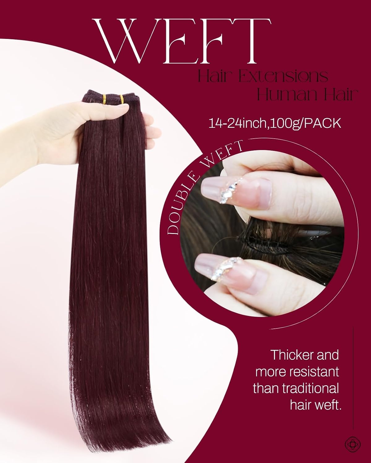 image:imageMoresoo Clip in and Sew in Human Hair Extensions Jet Black and Burgundy Red