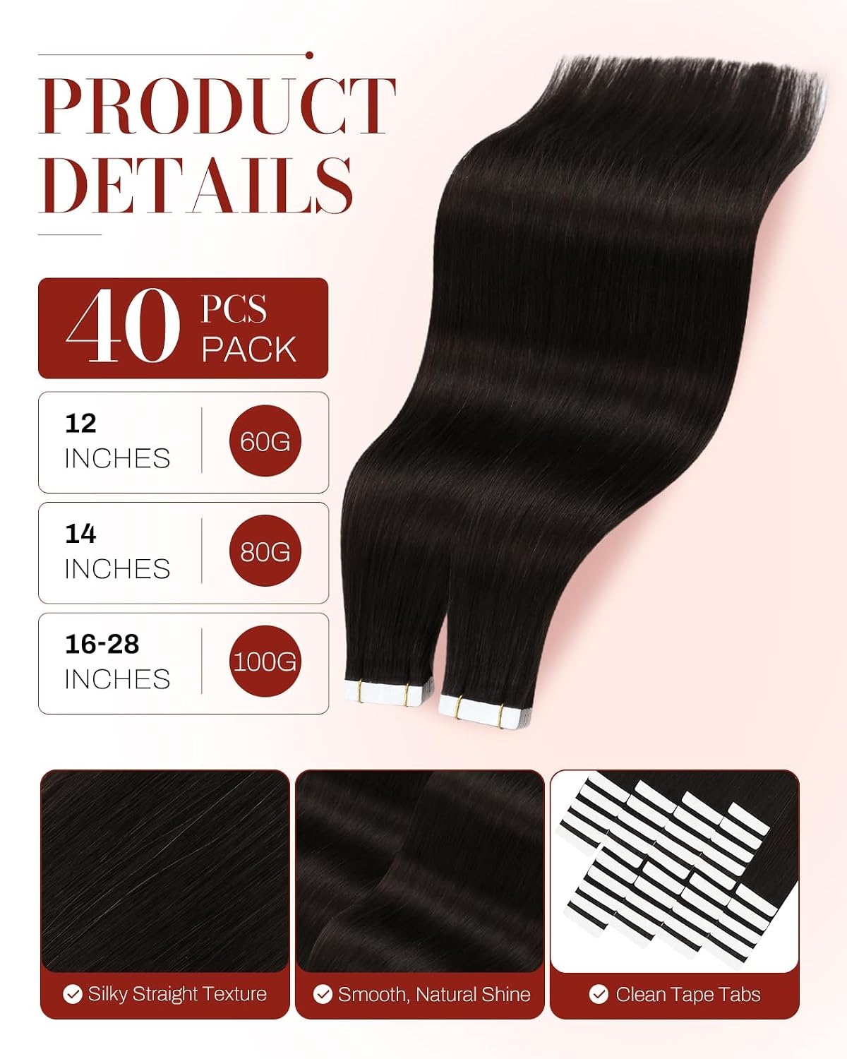 image:imageMoresoo Dark Brown Invisible Tape in Hair Extensions 12 Inch Tabs Bundle