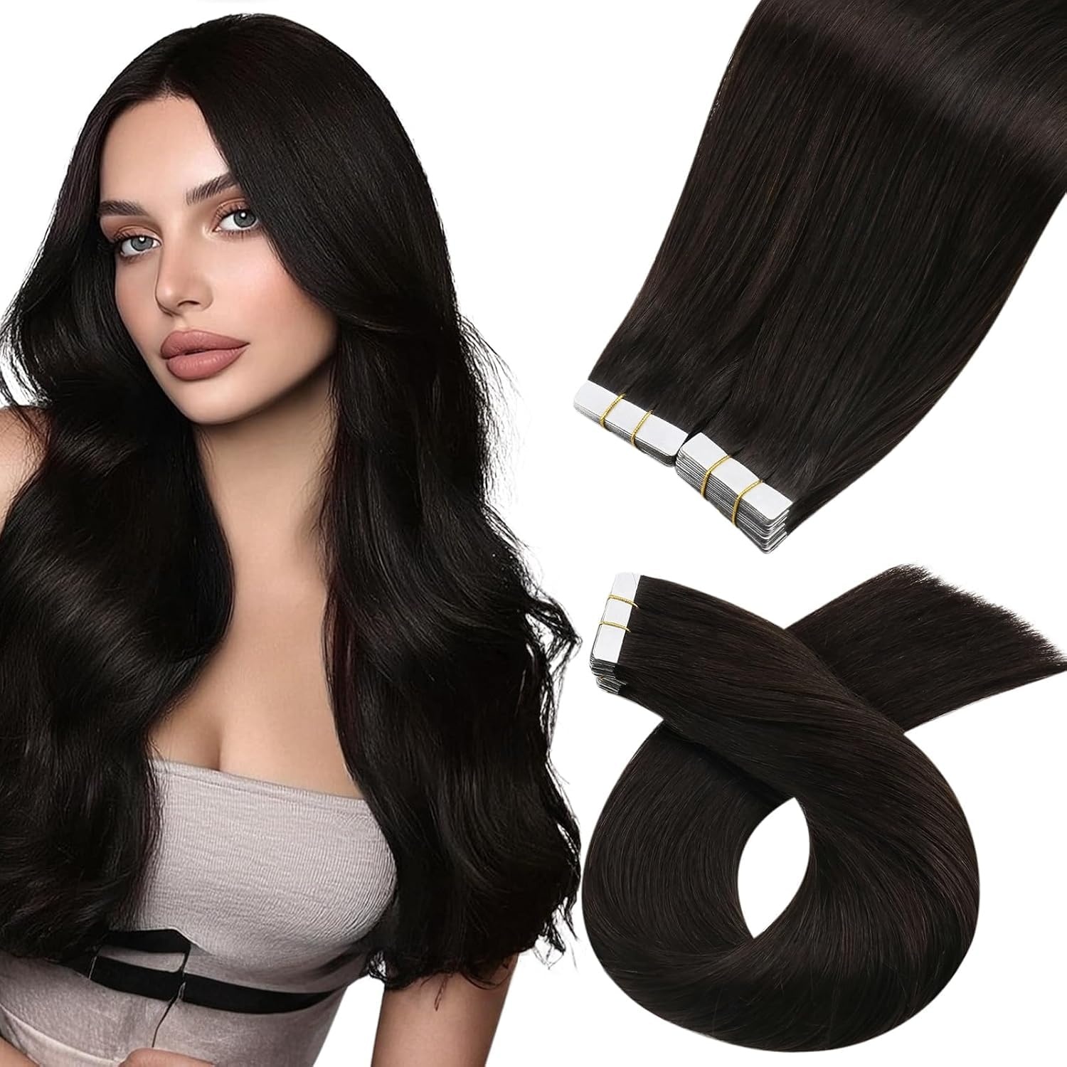 image:imageMoresoo Dark Brown Invisible Tape in Hair Extensions 12 Inch Tabs Bundle