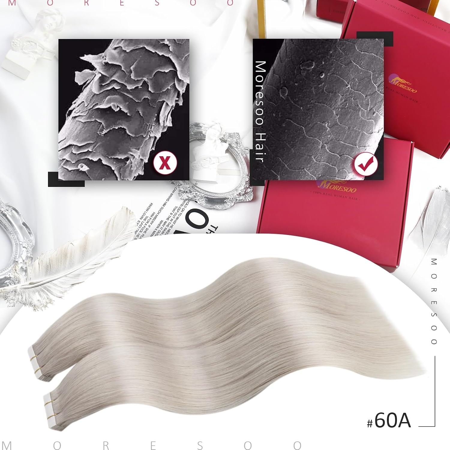image:imageMoresoo Hair Extensions Tape in 20 Inch Blonde Hair Extensions Unprocessed Hair Color 60A White Blonde Seamless PU Skin Weft Natural Hair 50g100g Total 60 Pieces