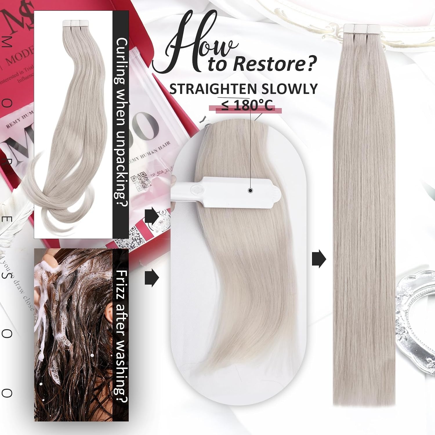 image:imageMoresoo Hair Extensions Tape in 20 Inch Blonde Hair Extensions Unprocessed Hair Color 60A White Blonde Seamless PU Skin Weft Natural Hair 50g100g Total 60 Pieces