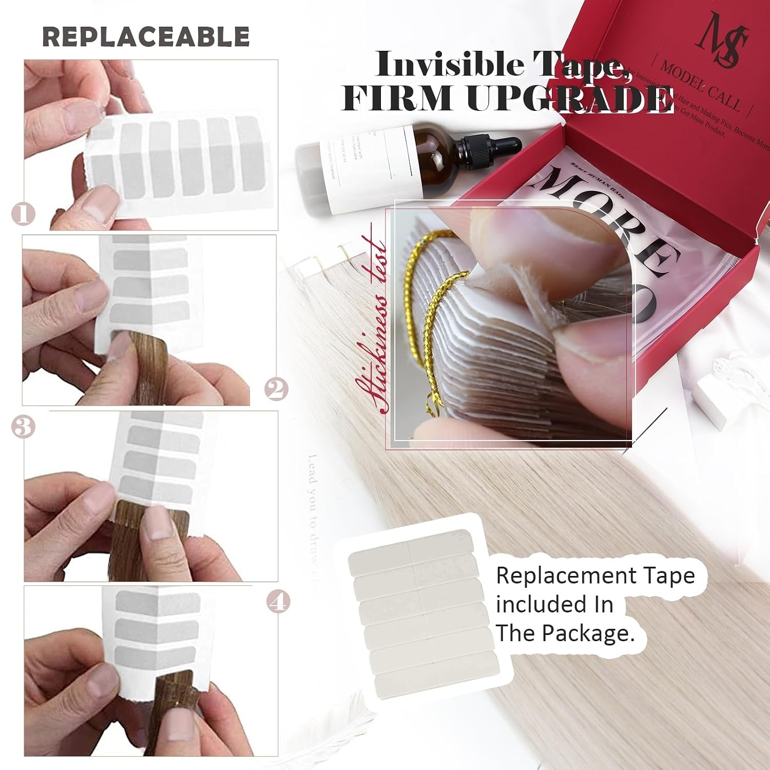 image:imageMoresoo Hair Extensions Tape in 20 Inch Blonde Hair Extensions Unprocessed Hair Color 60A White Blonde Seamless PU Skin Weft Natural Hair 50g100g Total 60 Pieces