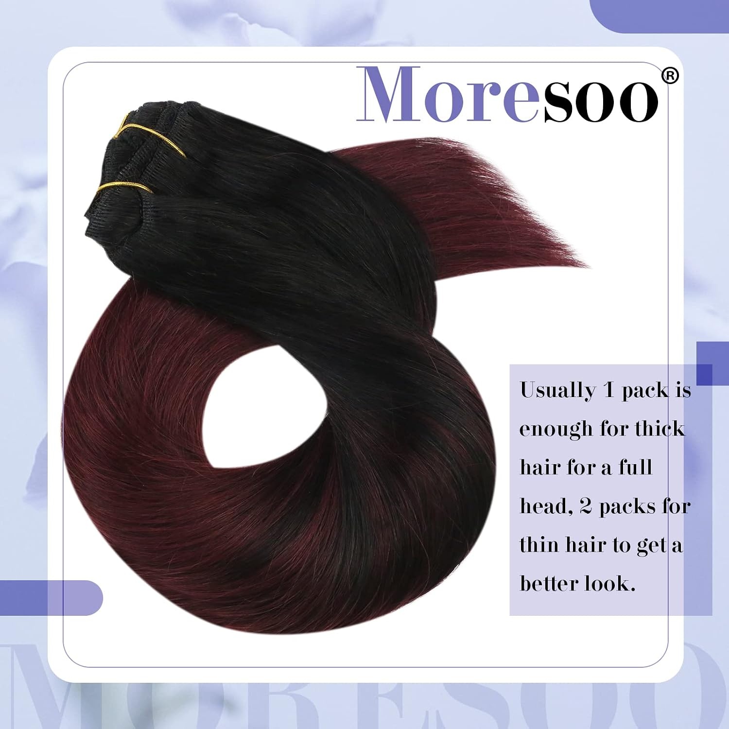 image:imageMoresoo Human Hair Clip in Extensions Remy Hair 20 Inch Burgundy Straight Clip in Real Hair Extensions Off Black to Wine Red 1B99J PULace Total 2 Packs Clip in Hair