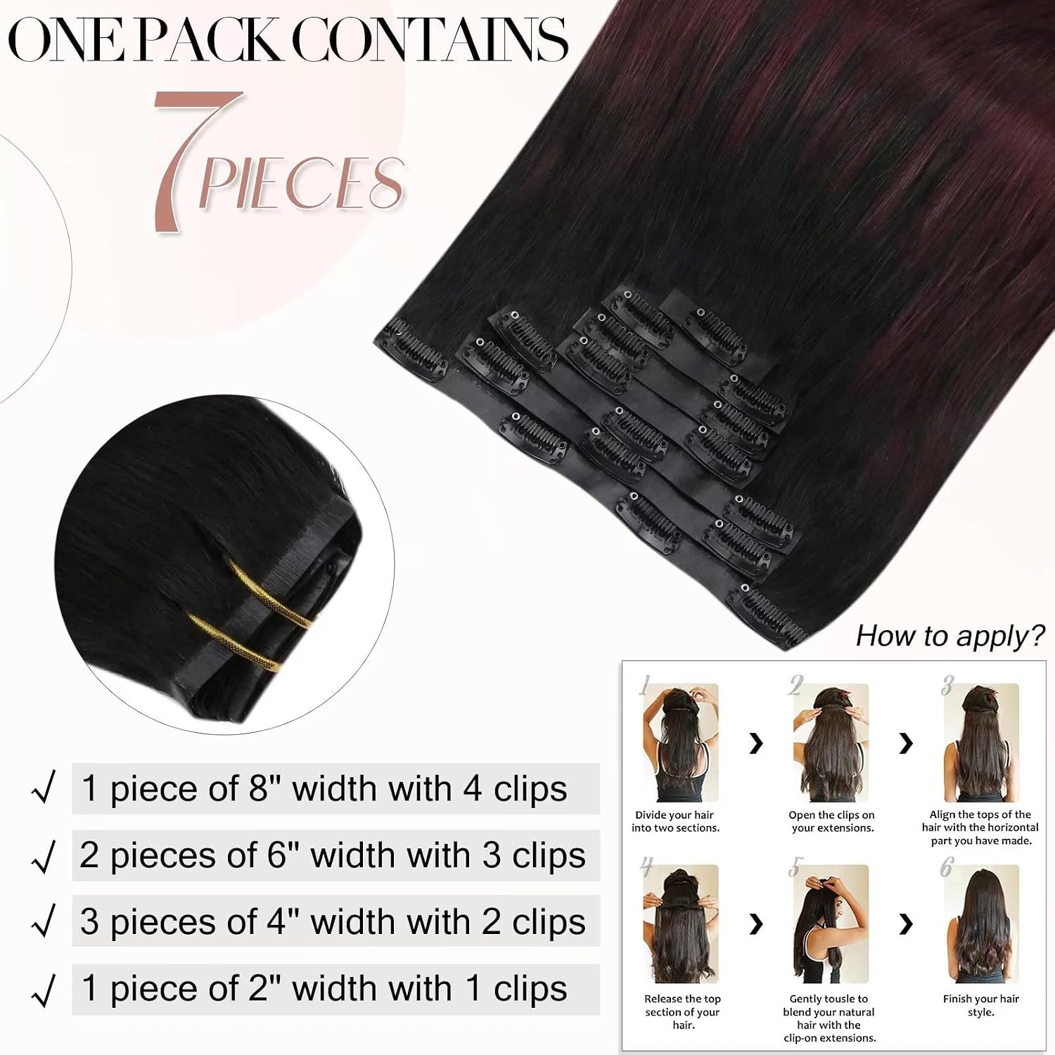 image:imageMoresoo Human Hair Clip in Extensions Remy Hair 20 Inch Burgundy Straight Clip in Real Hair Extensions Off Black to Wine Red 1B99J PULace Total 2 Packs Clip in Hair