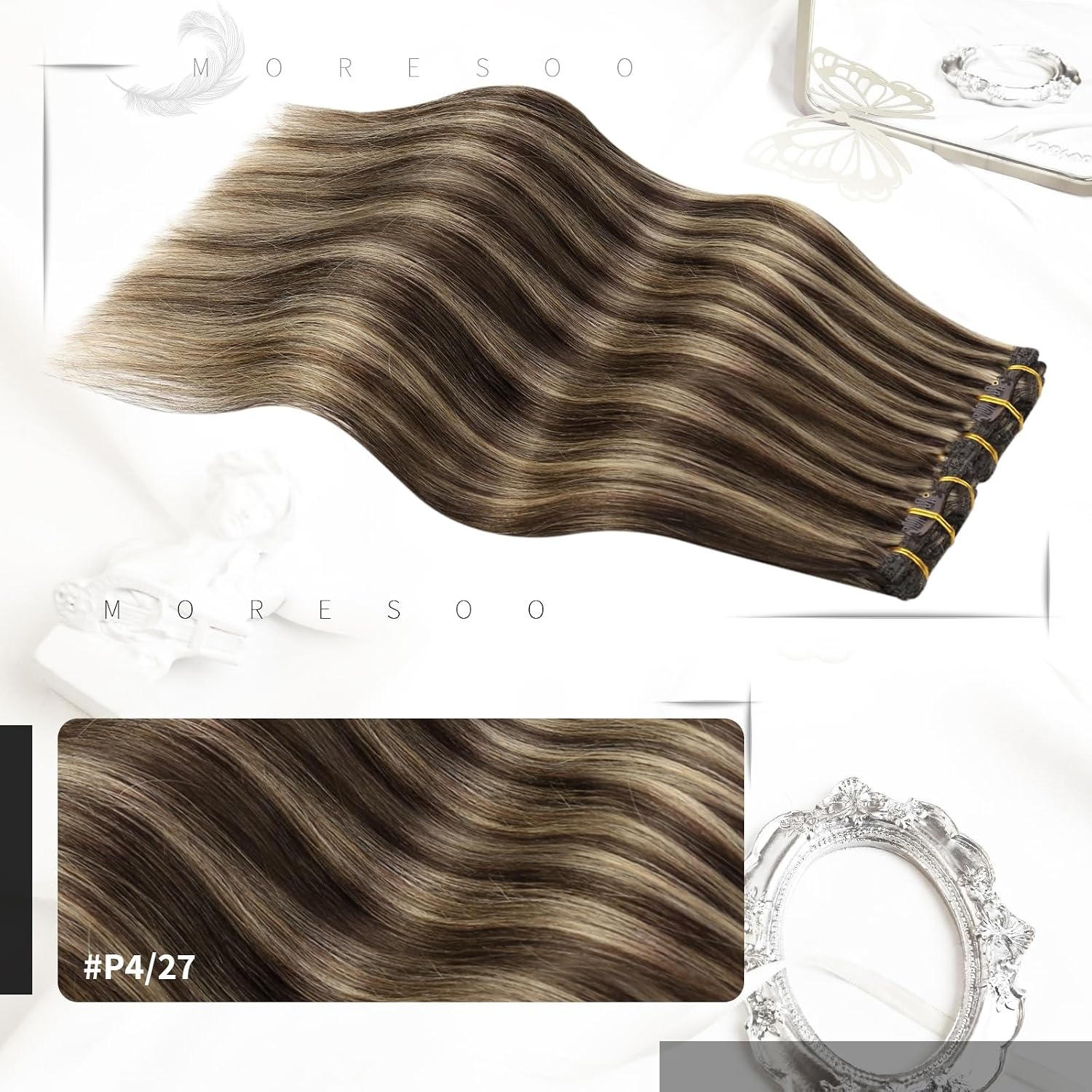 image:imageMoresoo I Tip Hair Extensions Human Hair Brown Highlight Clip in Hair Extensions Dark Brown with Caramel Blonde 20inch