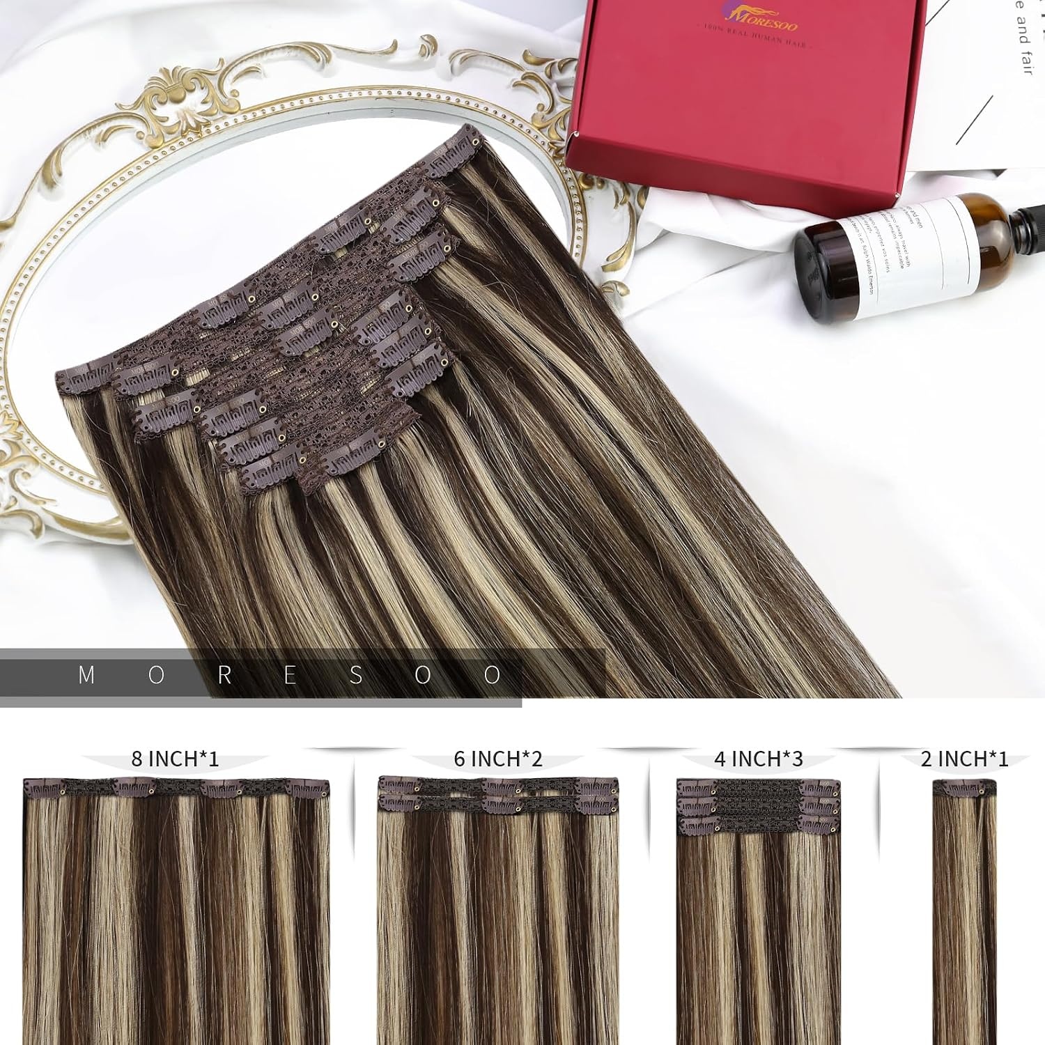 image:imageMoresoo I Tip Hair Extensions Human Hair Brown Highlight Clip in Hair Extensions Dark Brown with Caramel Blonde 20inch