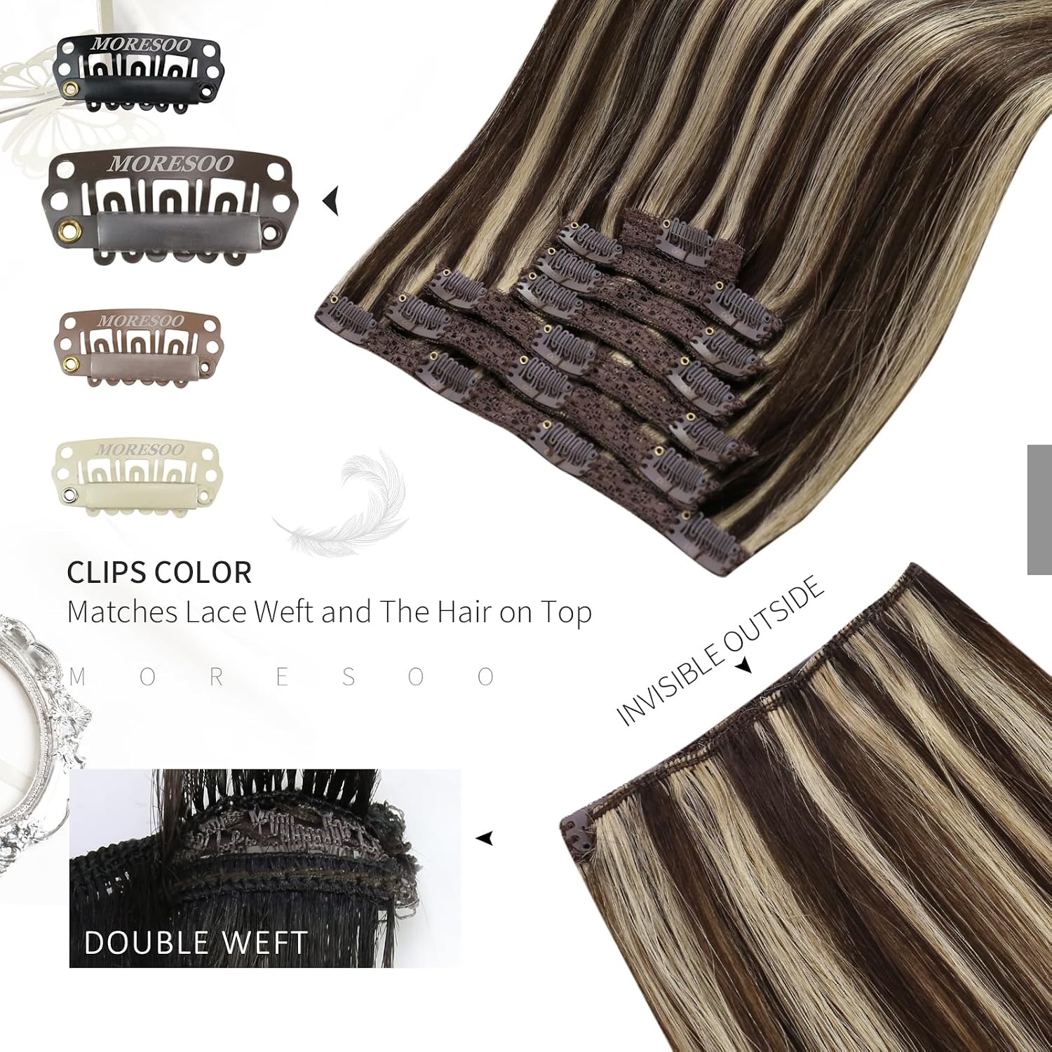 image:imageMoresoo I Tip Hair Extensions Human Hair Brown Highlight Clip in Hair Extensions Dark Brown with Caramel Blonde 20inch