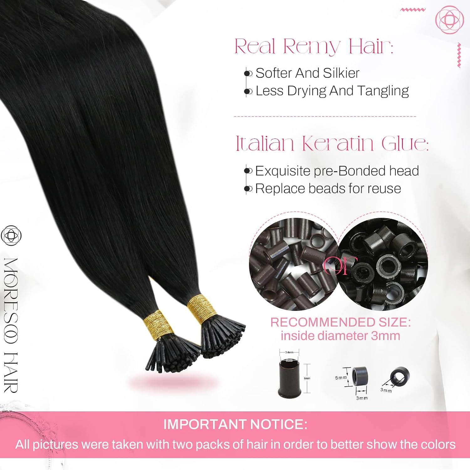image:imageMoresoo I Tip Hair Extensions Human Hair Jet Black 28 Inch 80g