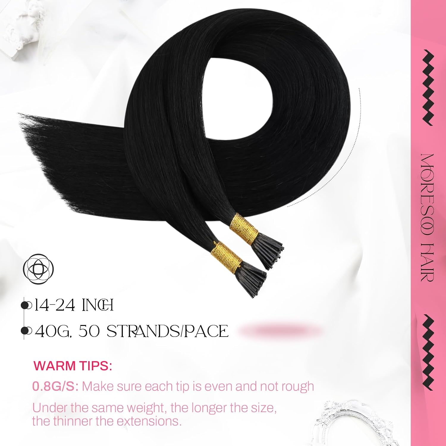 image:imageMoresoo I Tip Hair Extensions Human Hair Jet Black 28 Inch 80g