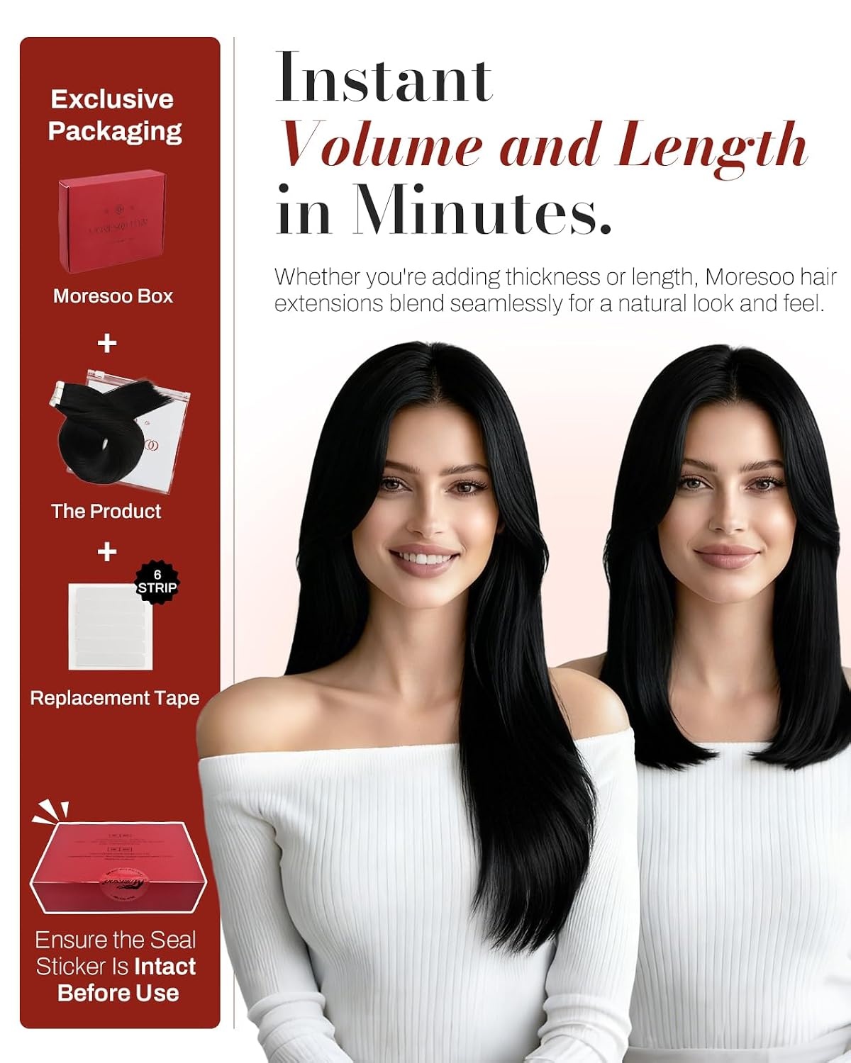 image:imageMoresoo Jet Black Tape in Hair Extensions 12 Inch Replacement Tabs Bundle
