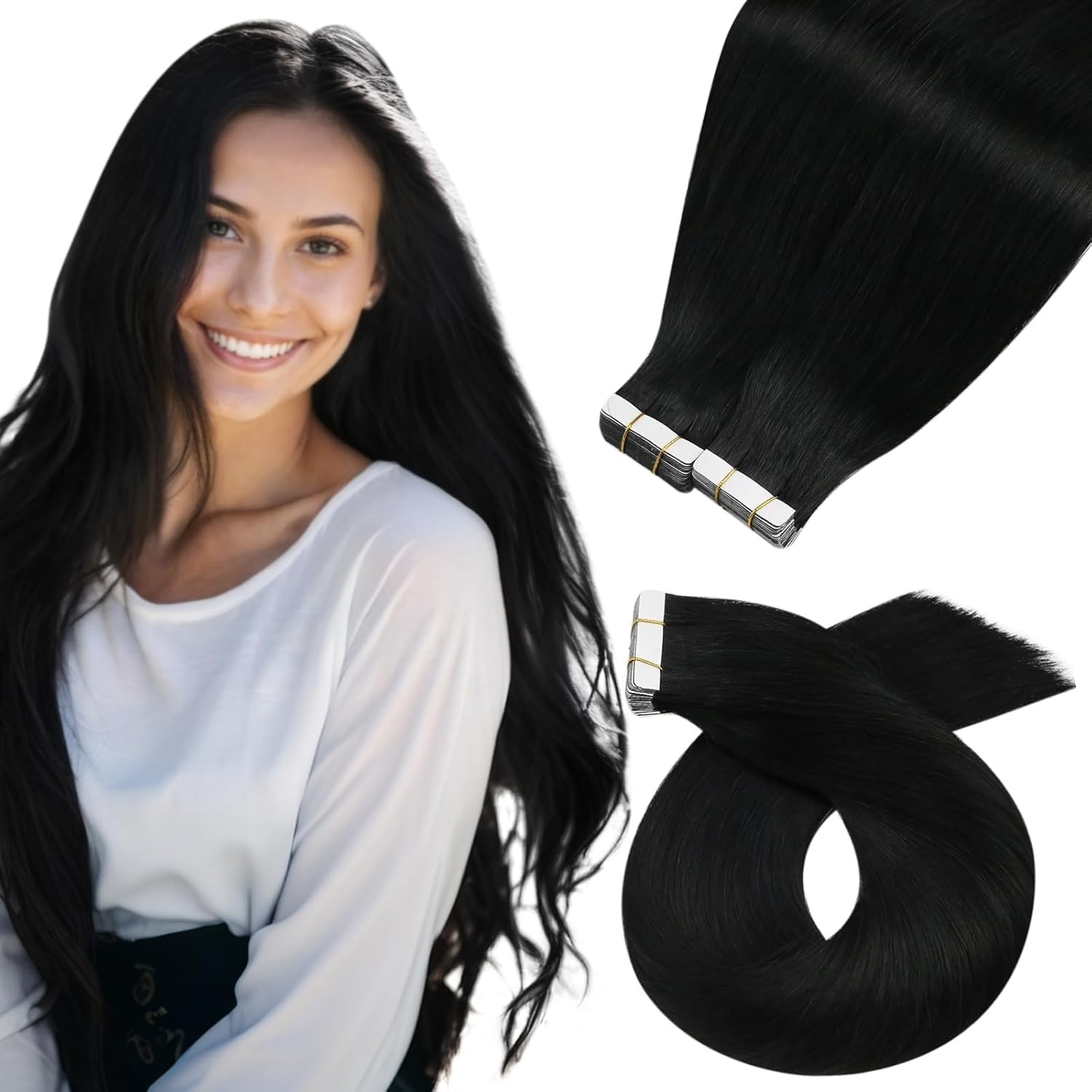 image:imageMoresoo Jet Black Tape in Hair Extensions 12 Inch Replacement Tabs Bundle