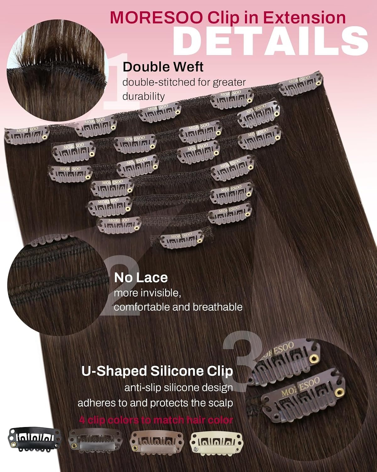 image:imageMoresoo Jet Black and Medium Brown Clip in Hair Extensions 18 Inch Bundle