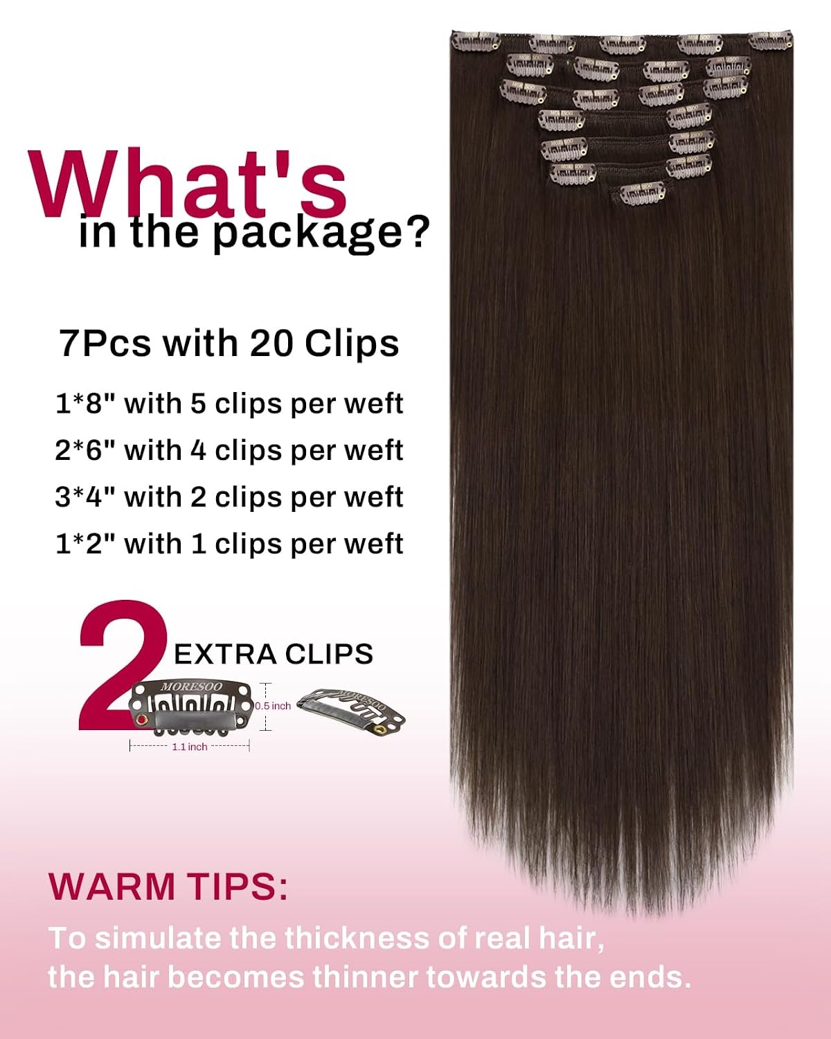 image:imageMoresoo Jet Black and Medium Brown Clip in Hair Extensions 18 Inch Bundle