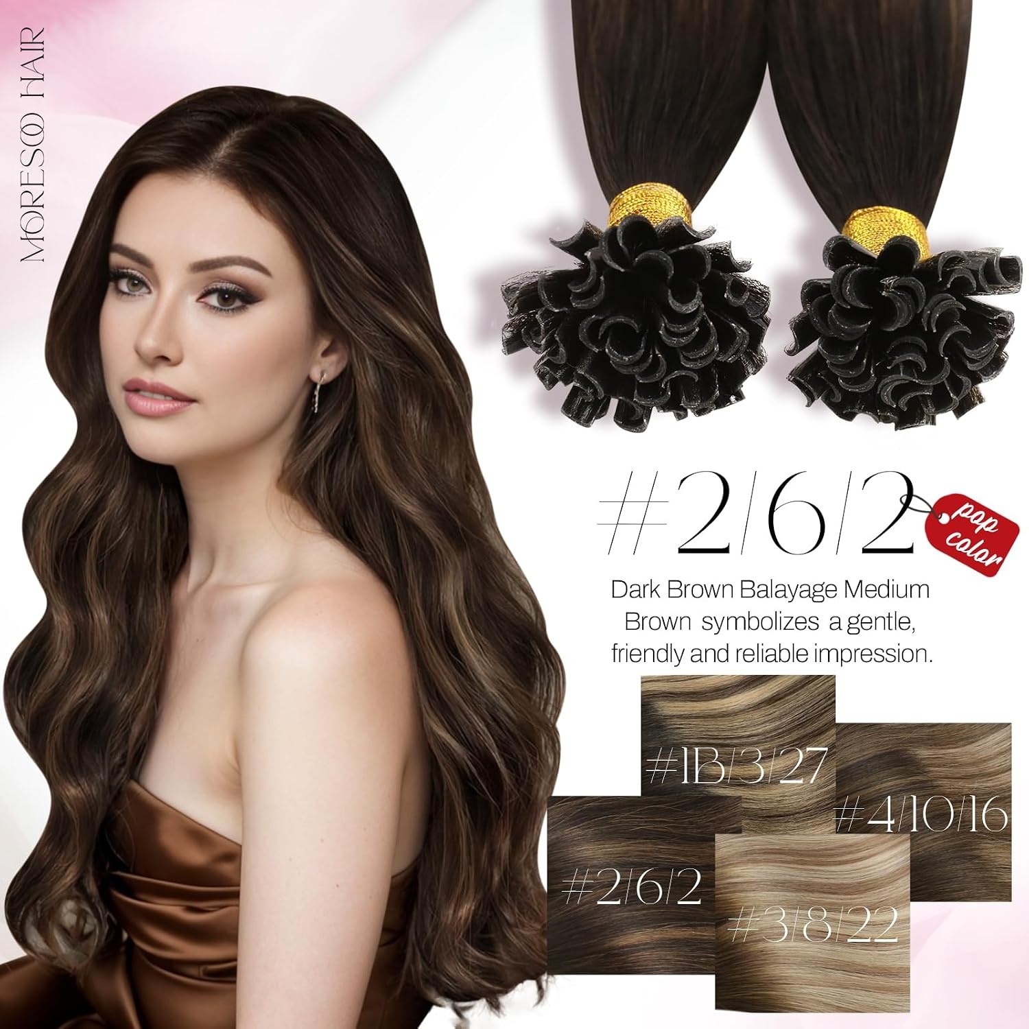 image:imageMoresoo K Tip Hair Extensions Real Human Hair Brown Chestnut Ombre 14 Inch