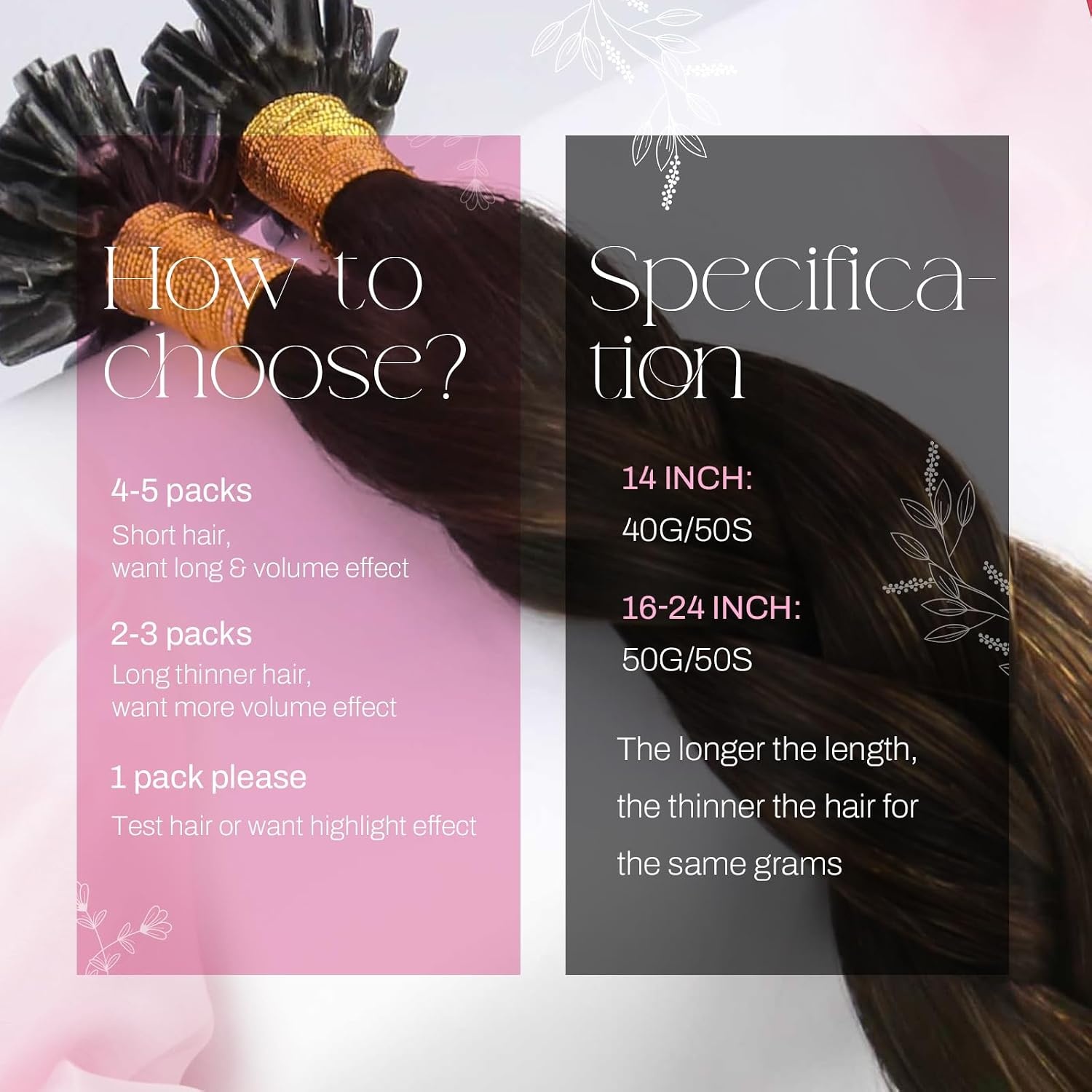 image:imageMoresoo K Tip Hair Extensions Real Human Hair Brown Chestnut Ombre 14 Inch
