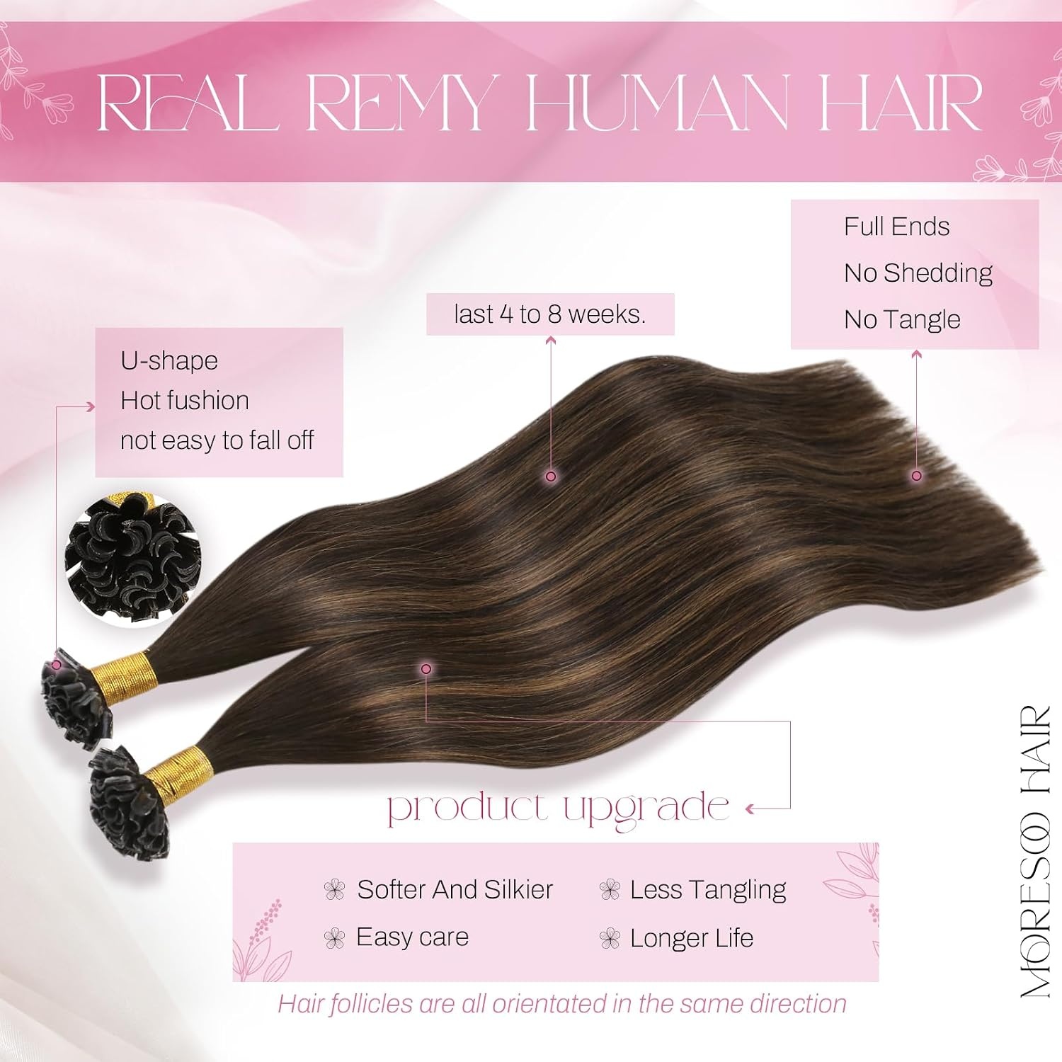 image:imageMoresoo K Tip Hair Extensions Real Human Hair Brown Chestnut Ombre 14 Inch