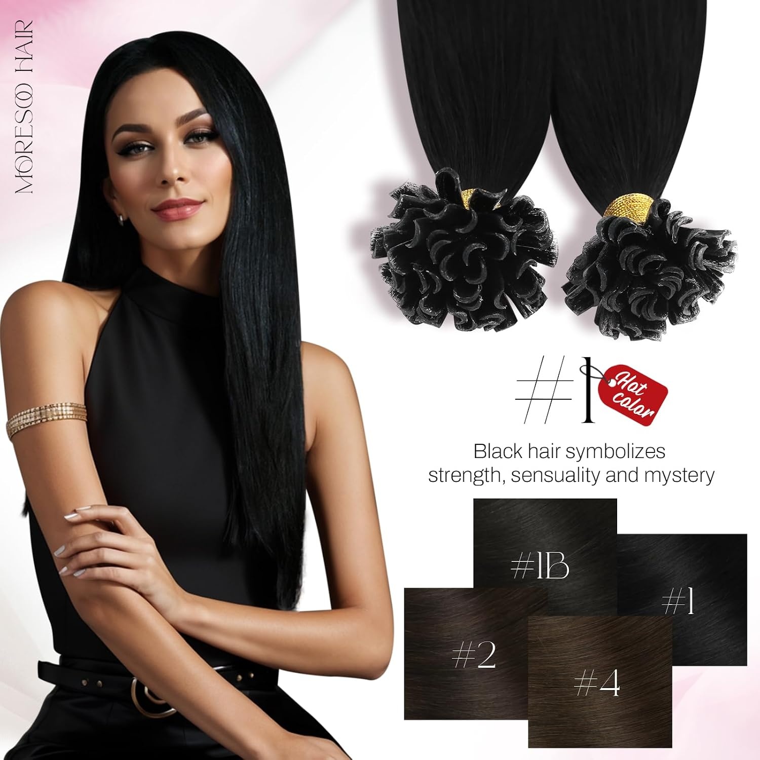 image:imageMoresoo K Tip Hair Extensions Real Human Hair Jet Black 24 Inch