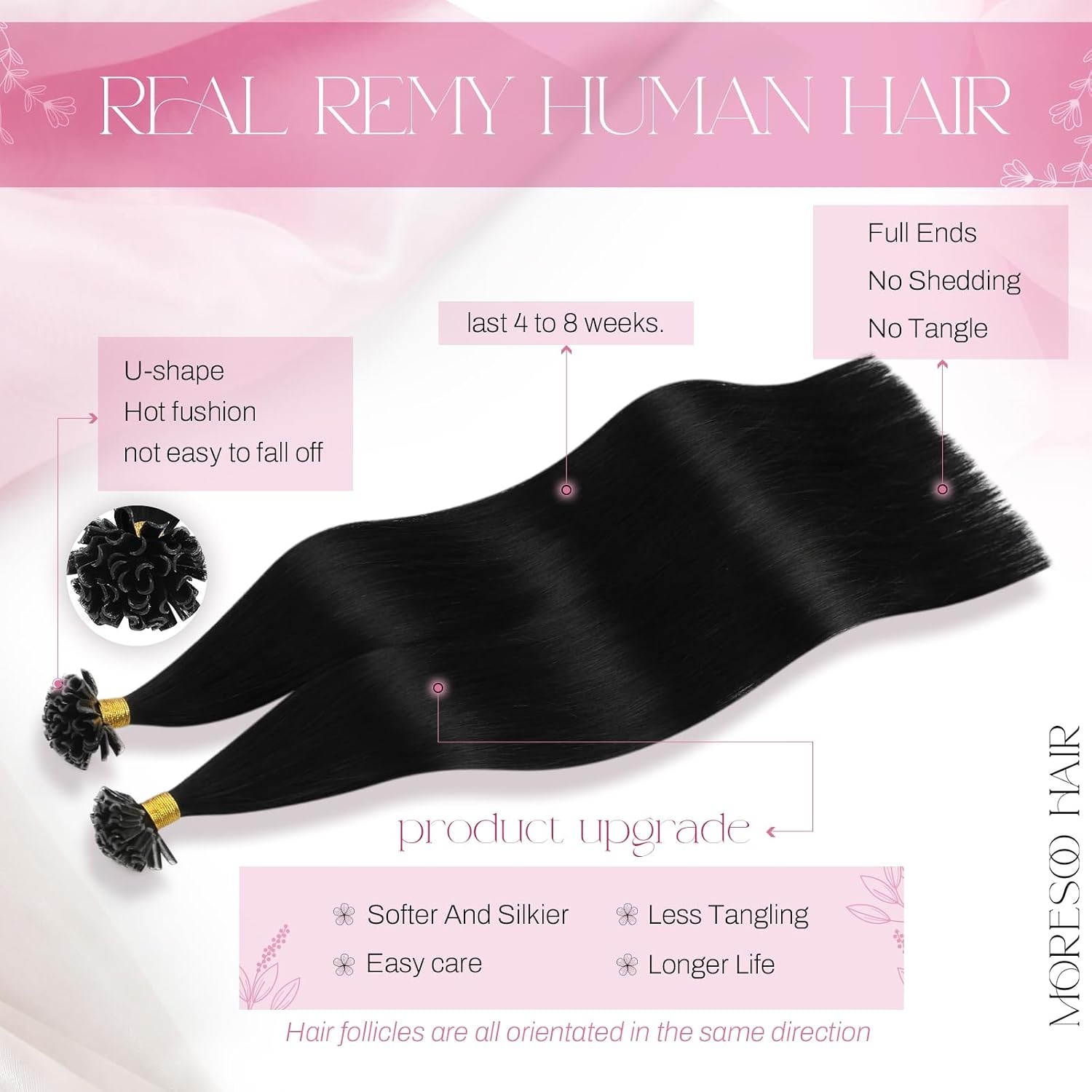 image:imageMoresoo K Tip Hair Extensions Real Human Hair Jet Black 24 Inch