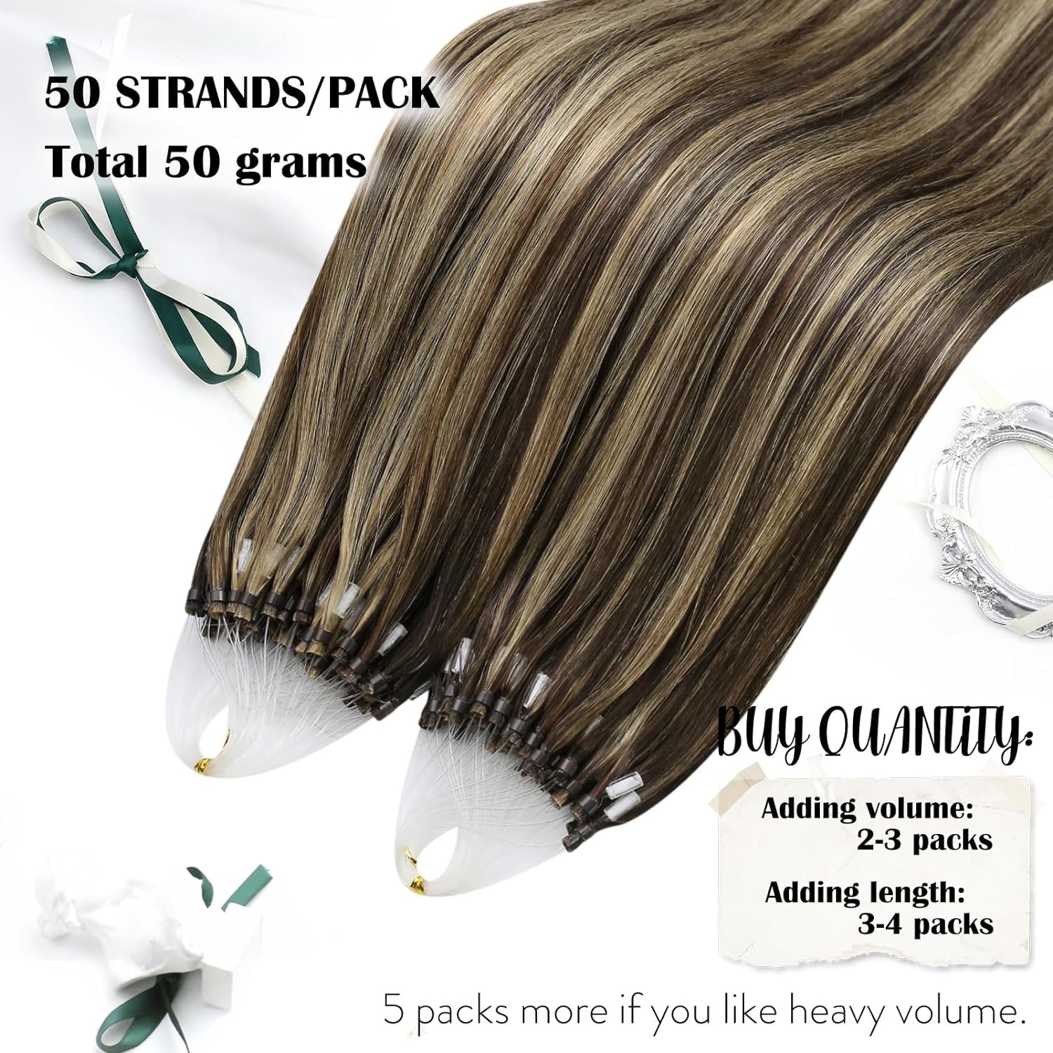 image:imageMoresoo Micro Link Hair Extensions Human Hair Dark Brown with Caramel Blonde Clip in Hair Extensions Brown Highlight 18inch