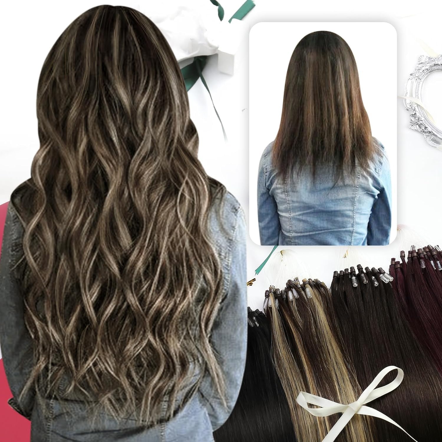 image:imageMoresoo Micro Link Hair Extensions Human Hair Dark Brown with Caramel Blonde Clip in Hair Extensions Brown Highlight 18inch