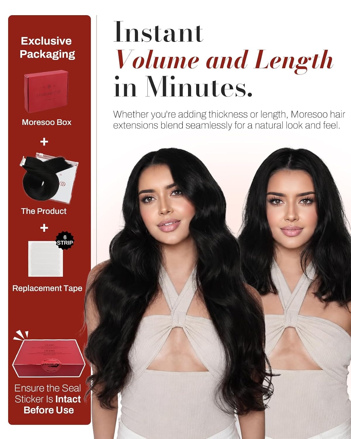 image:imageMoresoo Natural Black Tape in Human Hair Extensions 14 Inch Tabs Bundle