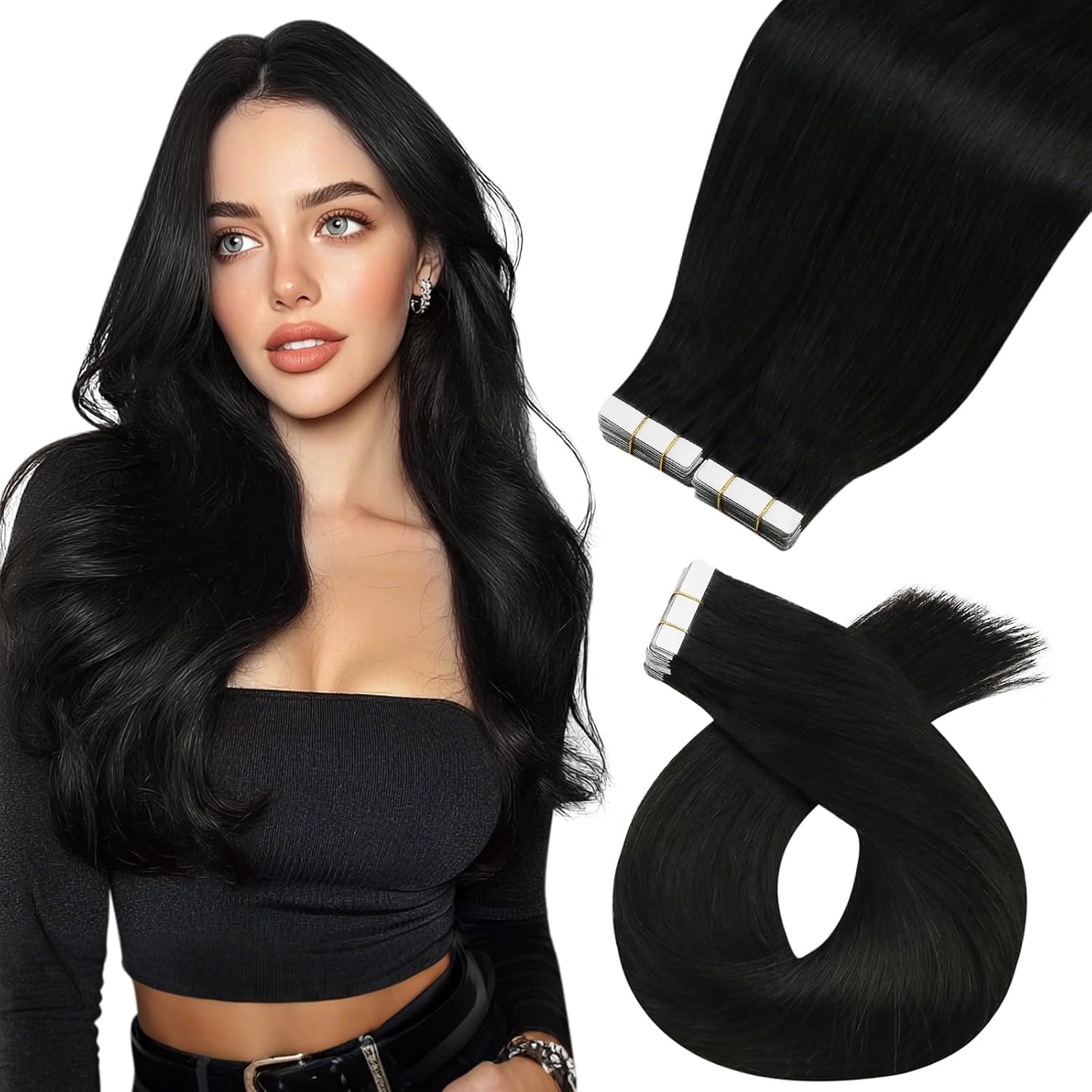 image:imageMoresoo Natural Black Tape in Human Hair Extensions 14 Inch Tabs Bundle