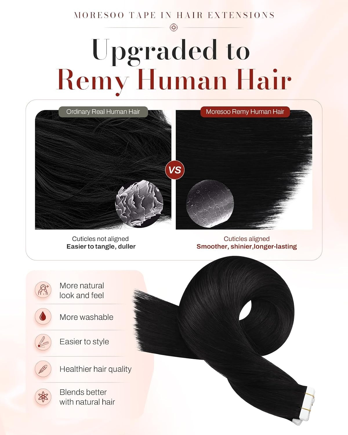 image:imageMoresoo Natural Black Tape in Human Hair Extensions 14 Inch Tabs Bundle