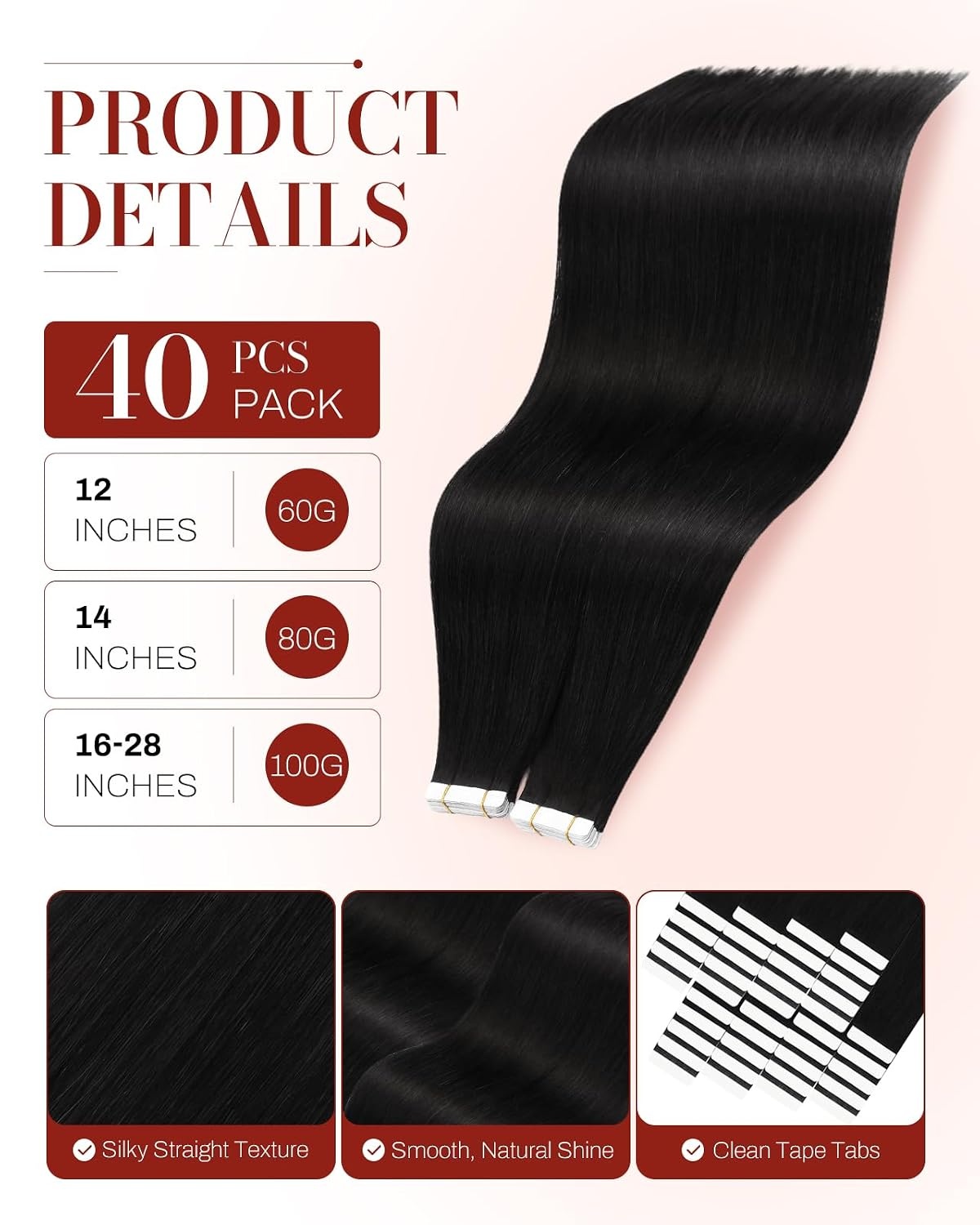 image:imageMoresoo Natural Black Tape in Human Hair Extensions 18 Inch Tabs Bundle