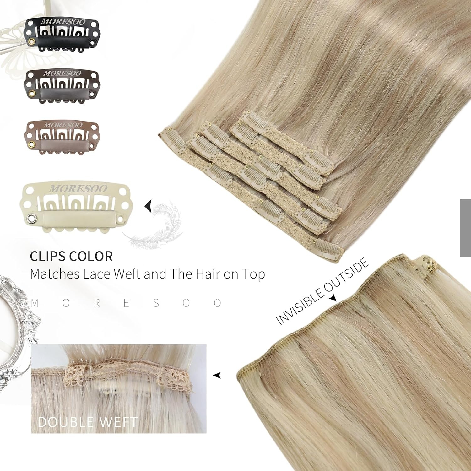 image:imageMoresoo Tape in Hair Extensions Blonde with Human Hair Clip in Extensions Blonde Highlight P18613 20pcs30g5pcs70g Bundle