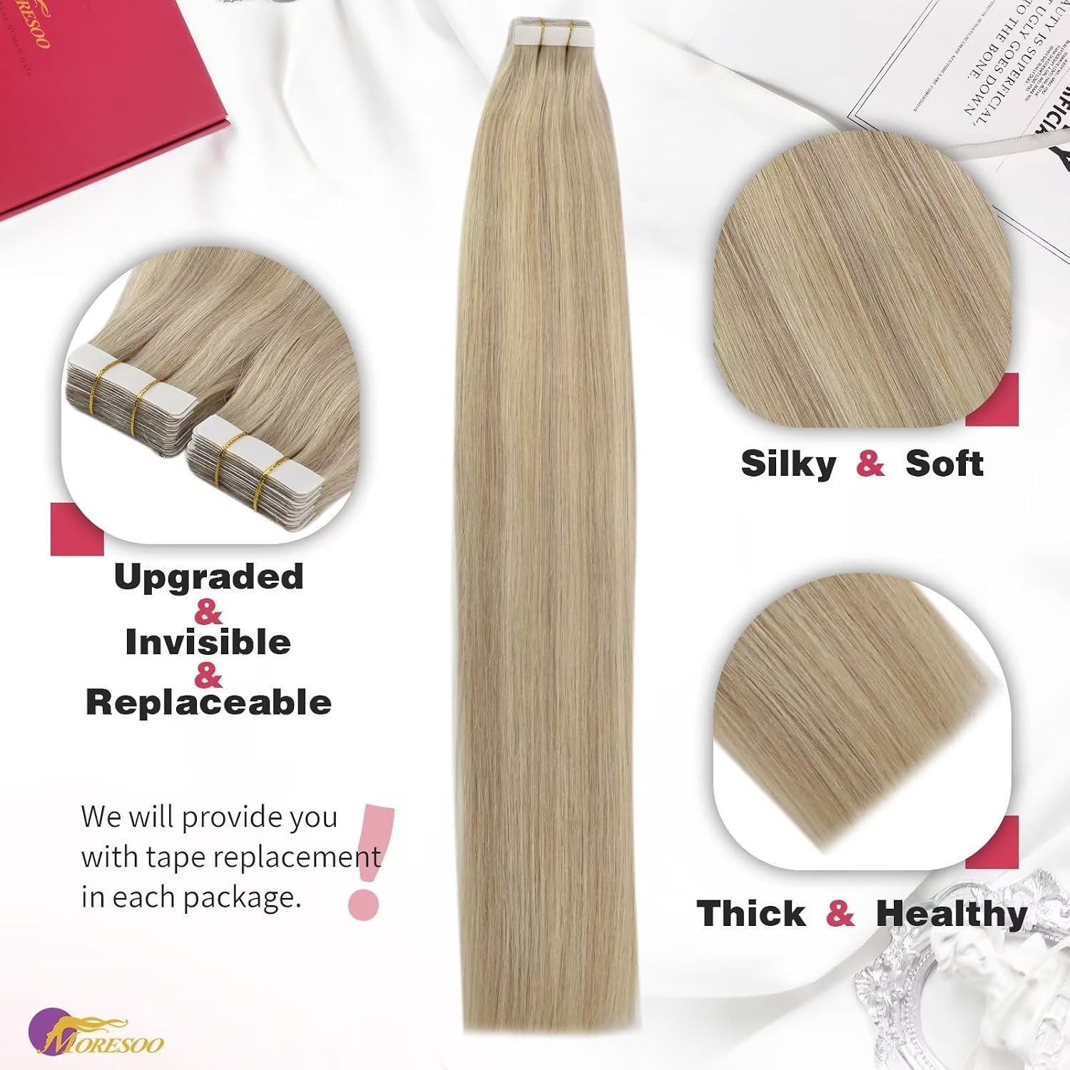 image:imageMoresoo Tape in Hair Extensions Blonde with Human Hair Clip in Extensions Blonde Highlight P18613 20pcs30g5pcs70g Bundle