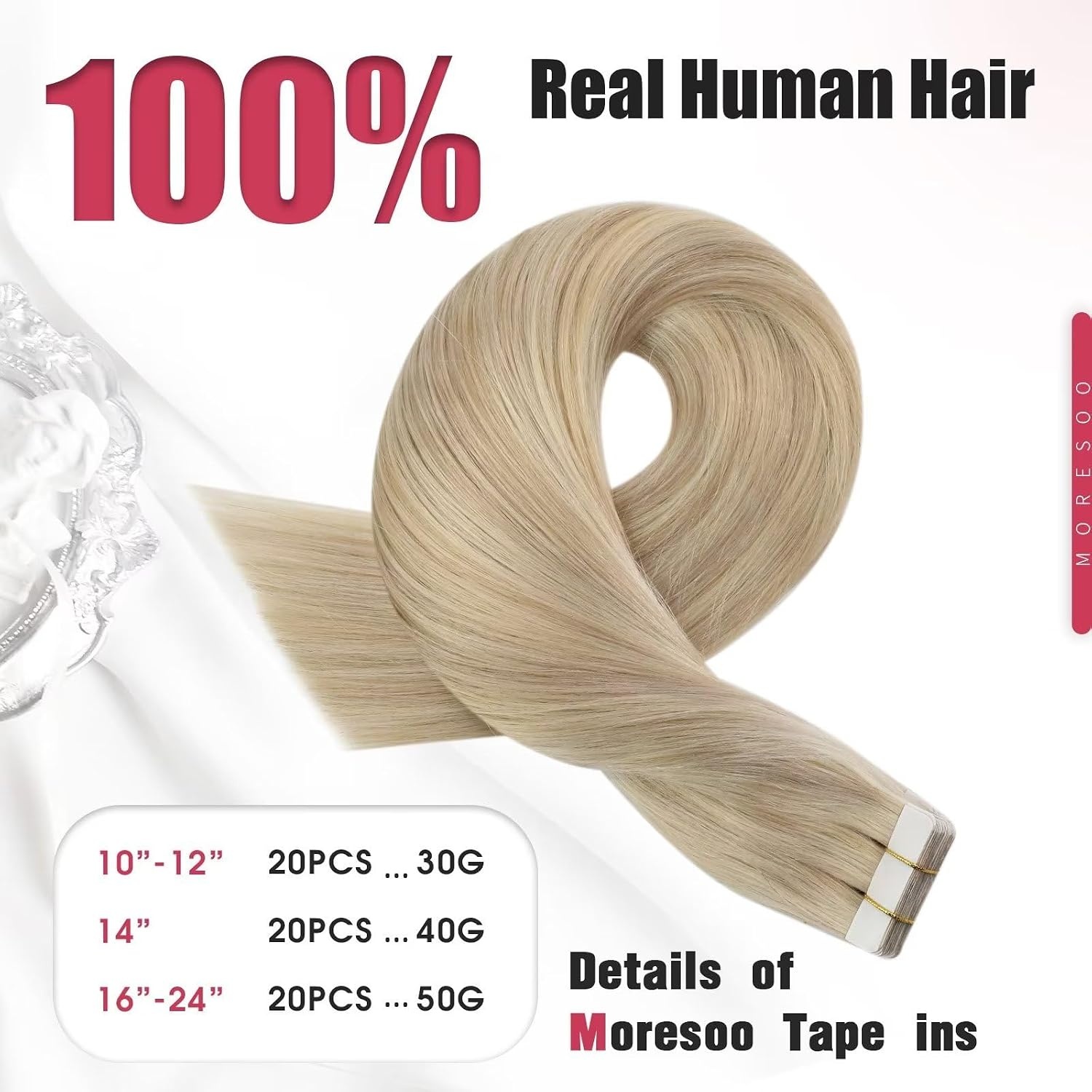 image:imageMoresoo Tape in Hair Extensions Blonde with Human Hair Clip in Extensions Blonde Highlight P18613 20pcs30g5pcs70g Bundle