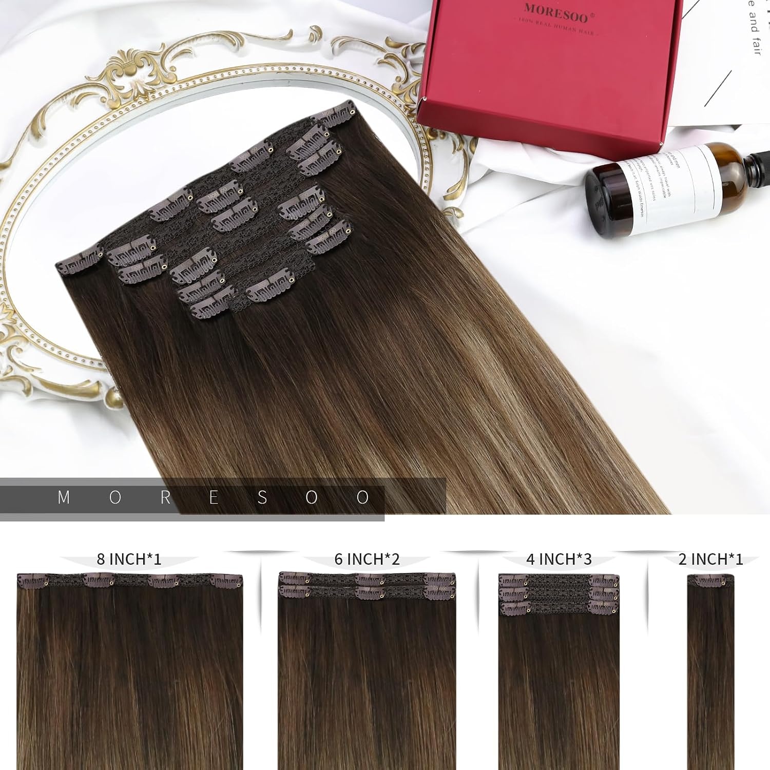image:imageMoresoo Tape in Hair Extensions Human Hair Balayage Brown to Caramel Blonde with Blonde with Clip in Hair Extensions Human Hair Balayage Brown 2216inch bundle