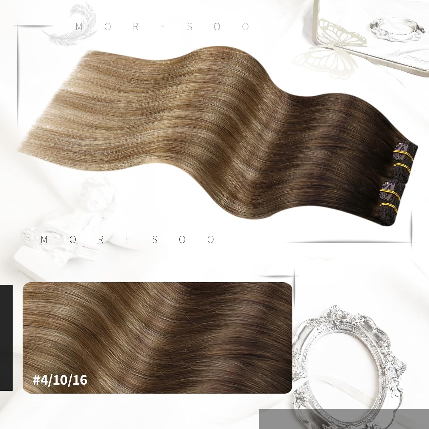 image:imageMoresoo Tape in Hair Extensions Human Hair Balayage Brown to Caramel Blonde with Blonde with Clip in Hair Extensions Human Hair Balayage Brown 2216inch bundle