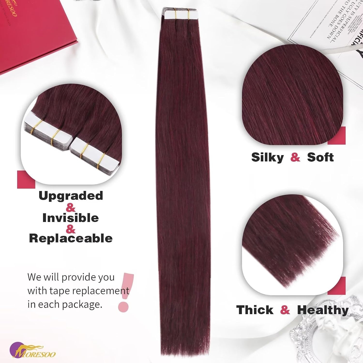 image:imageMoresoo Tape in Hair Extensions Human Hair Burgundy Real Hair Extensions Clip in Human Hair Red Wine 99J 2packs 20inch