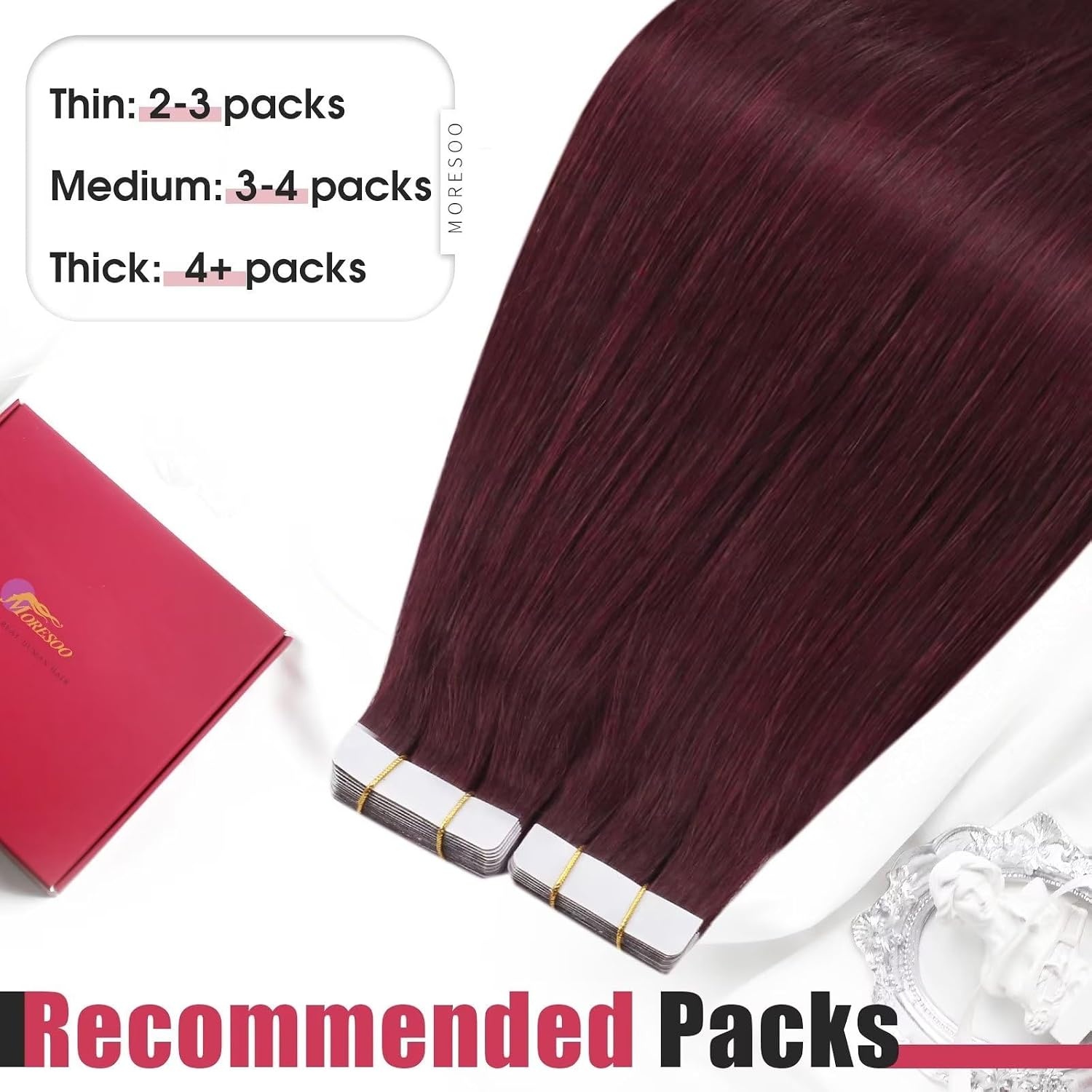 image:imageMoresoo Tape in Hair Extensions Human Hair Burgundy Real Hair Extensions Clip in Human Hair Red Wine 99J 2packs 20inch