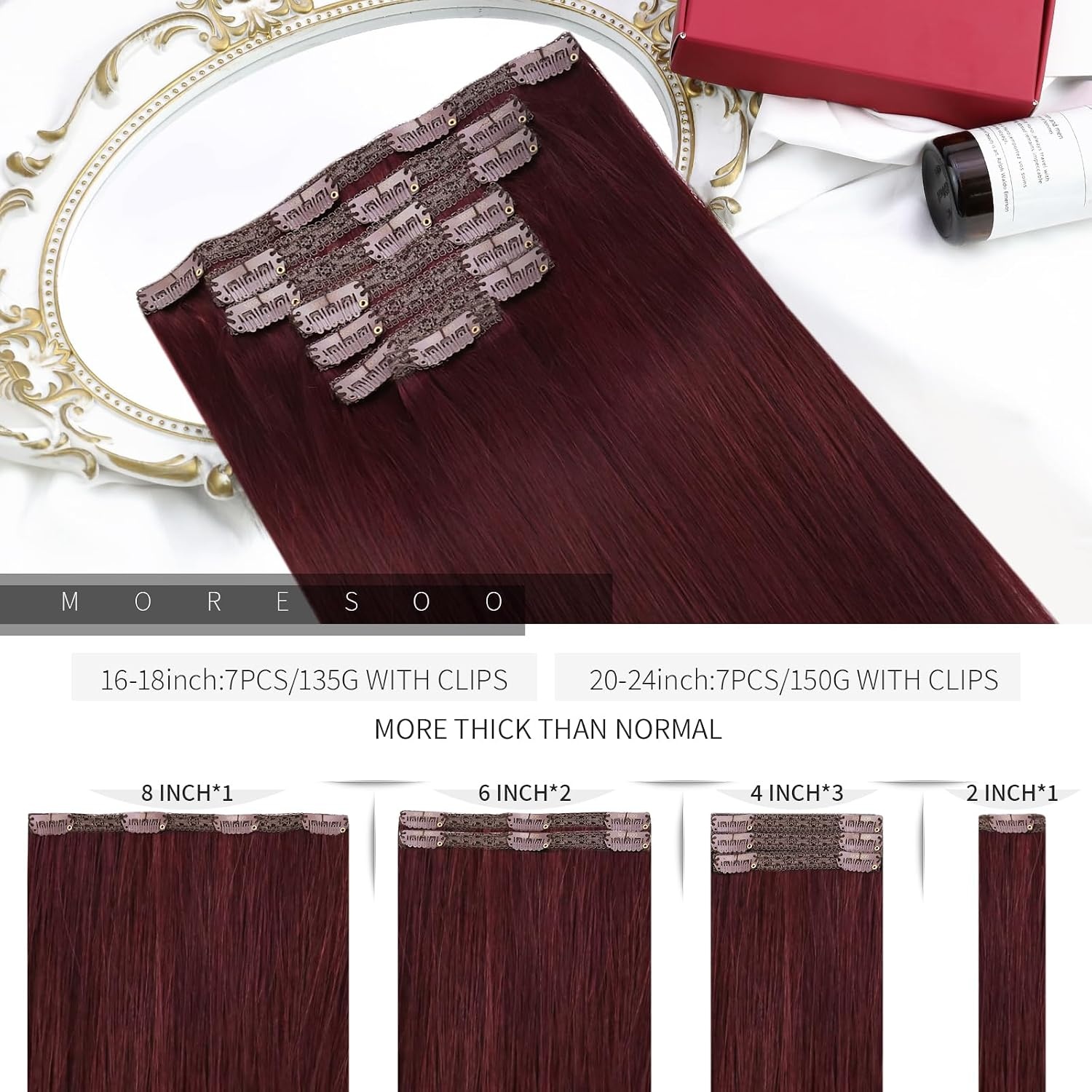 image:imageMoresoo Tape in Hair Extensions Human Hair Burgundy Real Hair Extensions Clip in Human Hair Red Wine 99J 2packs 20inch