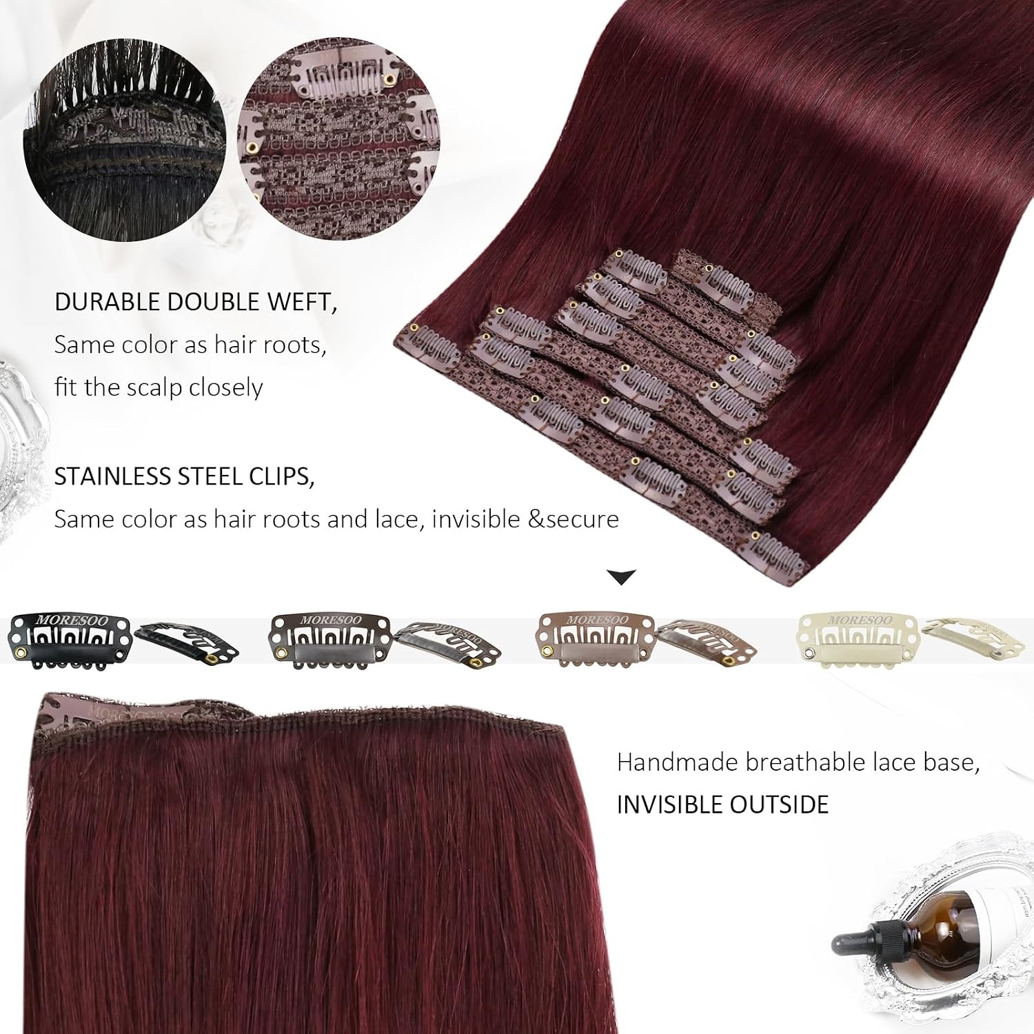 image:imageMoresoo Tape in Hair Extensions Human Hair Burgundy Real Hair Extensions Clip in Human Hair Red Wine 99J 2packs 20inch