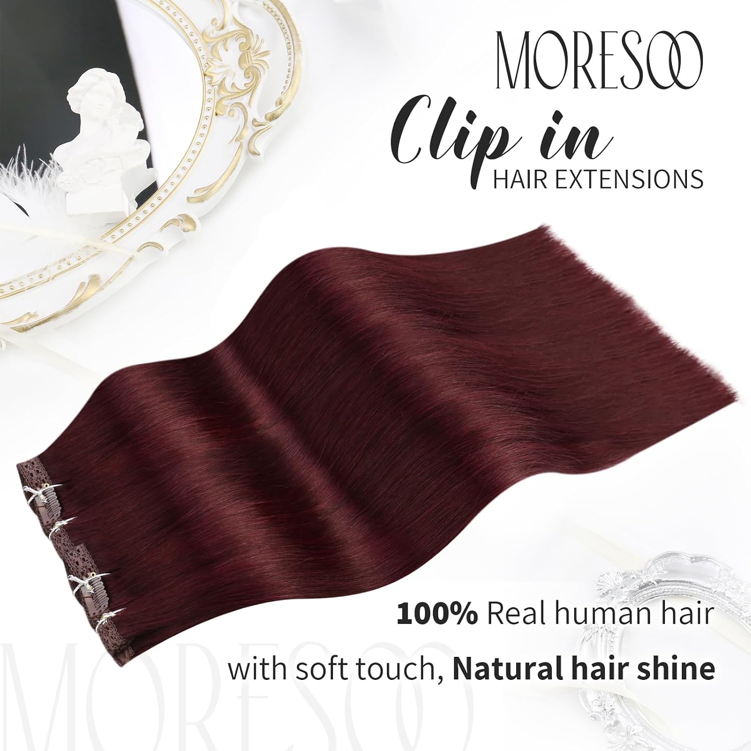 image:imageMoresoo Tape in Hair Extensions Human Hair Burgundy Real Hair Extensions Clip in Human Hair Red Wine 99J 2packs 20inch