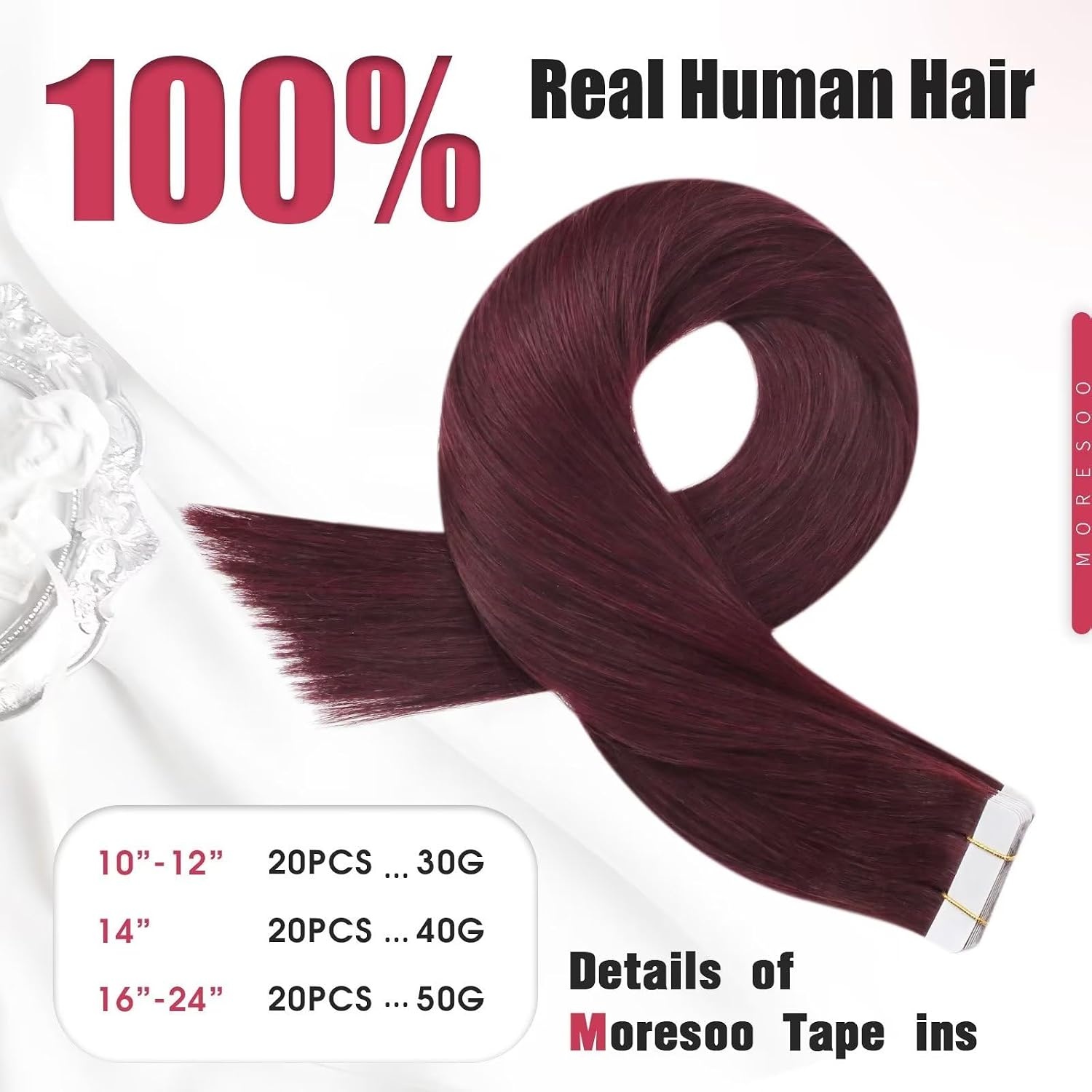 image:imageMoresoo Tape in Hair Extensions Human Hair Burgundy Real Hair Extensions Clip in Human Hair Red Wine 99J 2packs 20inch