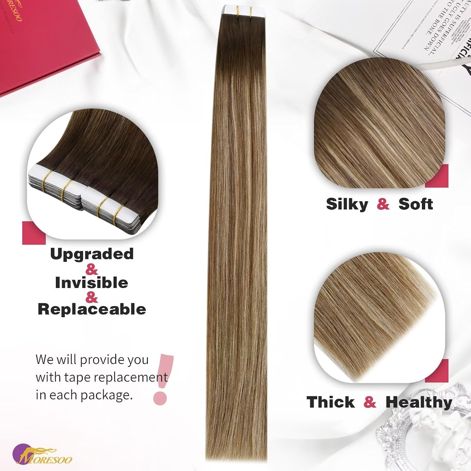 image:imageMoresoo Tape in Hair Extensions Human Hair and Clip in Hair Extensions Balayage Brown to Caramel Blonde with Blonde 20pcs50g7pcs120g 16inch Bundle