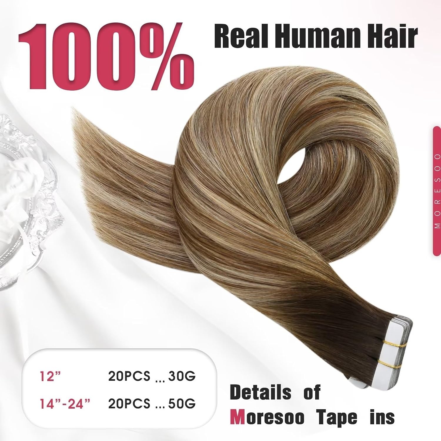 image:imageMoresoo Tape in Hair Extensions Human Hair and Clip in Hair Extensions Balayage Brown to Caramel Blonde with Blonde 20pcs50g7pcs120g 16inch Bundle