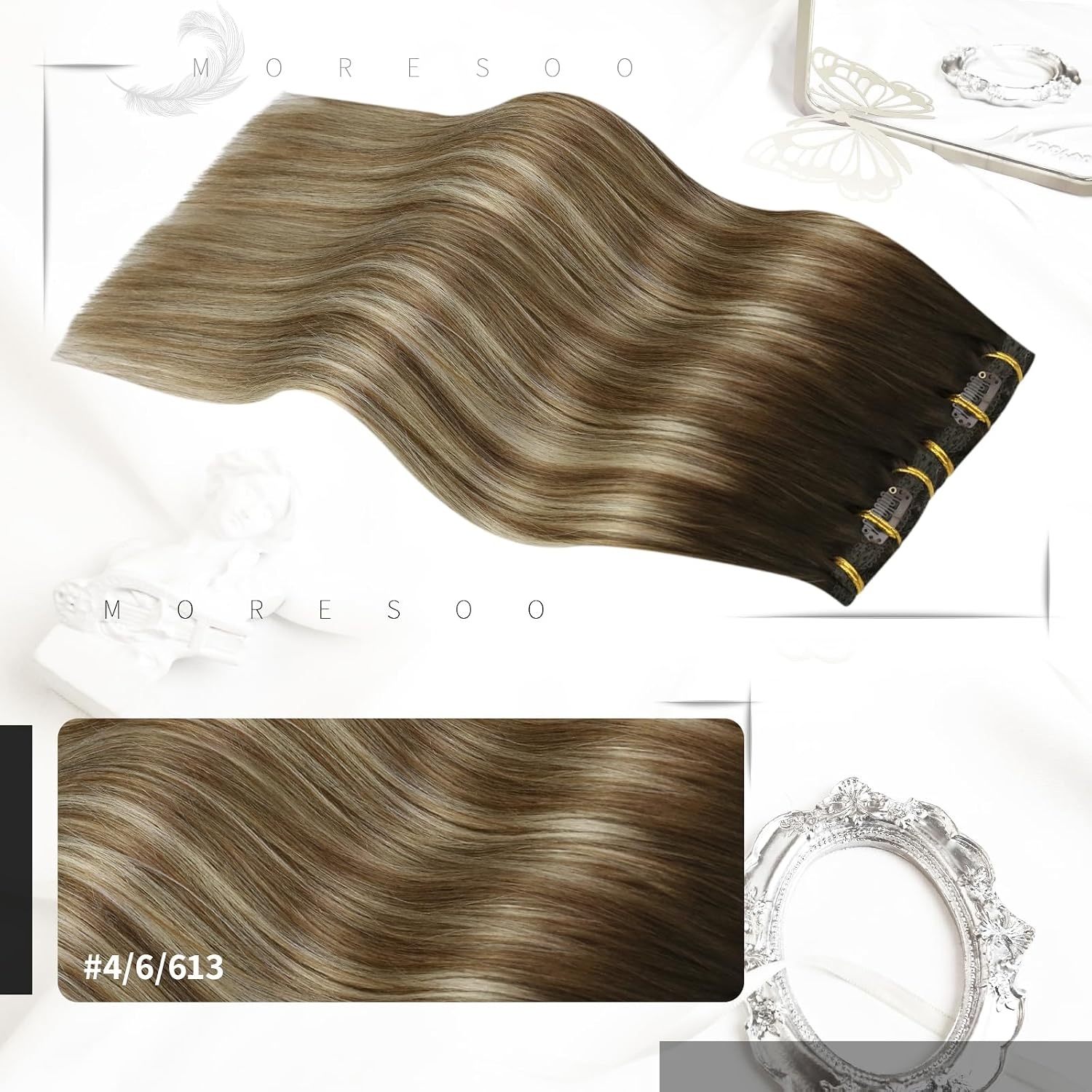 image:imageMoresoo Tape in Hair Extensions Human Hair and Clip in Hair Extensions Balayage Brown to Caramel Blonde with Blonde 20pcs50g7pcs120g 16inch Bundle