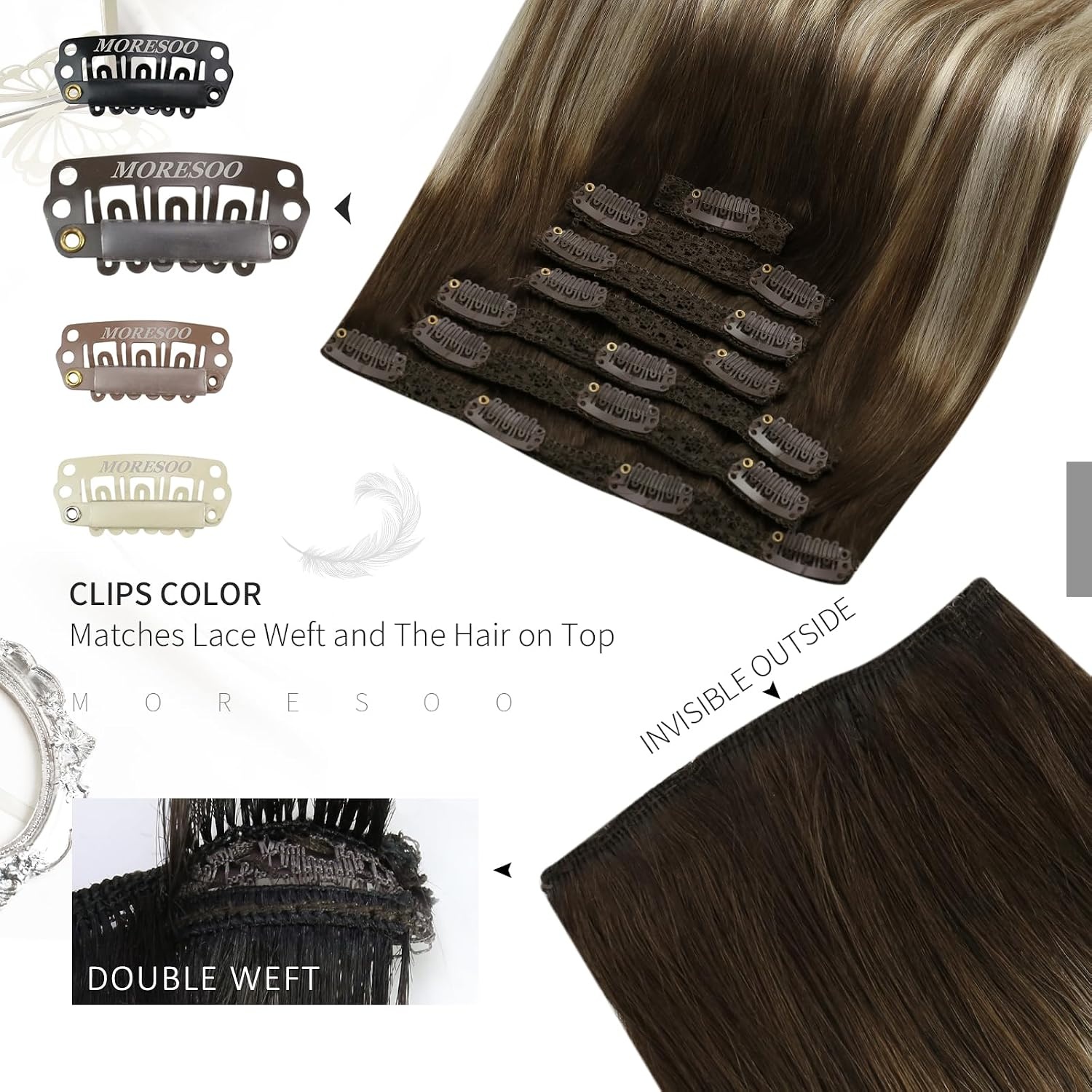 image:imageMoresoo Tape in Hair Extensions Human Hair and Clip in Hair Extensions Balayage Brown to Caramel Blonde with Blonde 20pcs50g7pcs120g 16inch Bundle