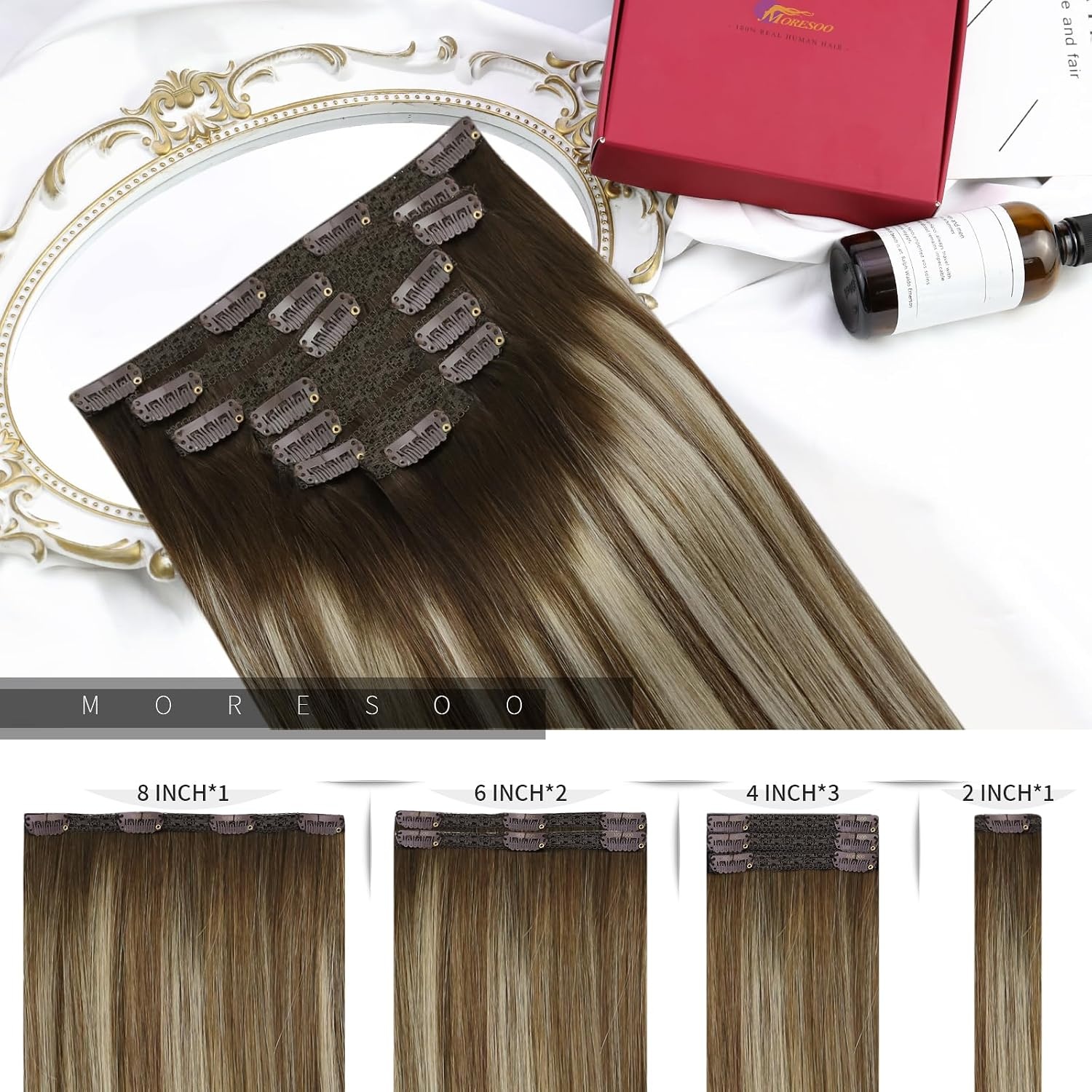 image:imageMoresoo Tape in Hair Extensions Human Hair and Clip in Hair Extensions Balayage Brown to Caramel Blonde with Blonde 20pcs50g7pcs120g 16inch Bundle
