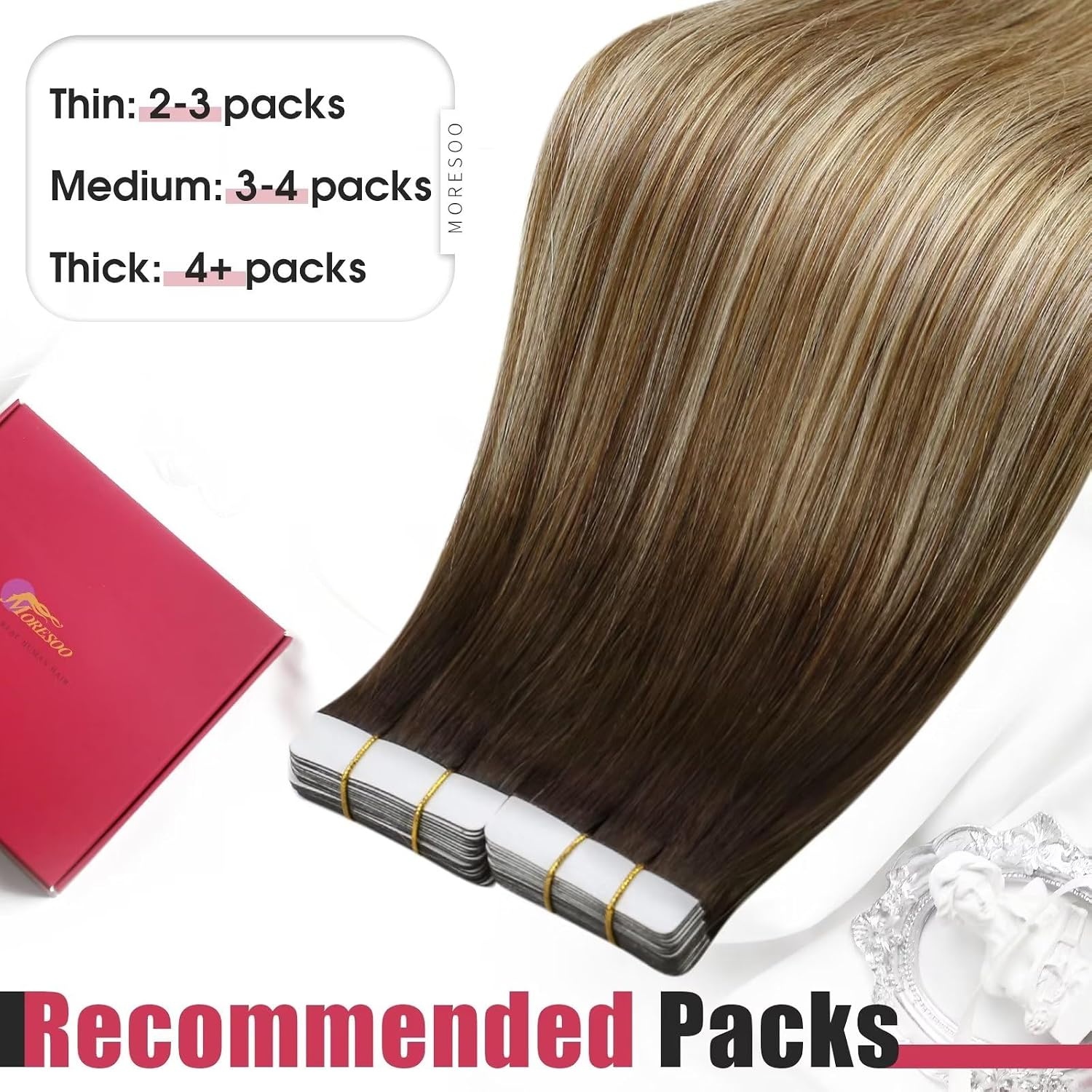 image:imageMoresoo Tape in Hair Extensions Human Hair and Clip in Hair Extensions Balayage Brown to Caramel Blonde with Blonde 20pcs50g7pcs120g 16inch Bundle