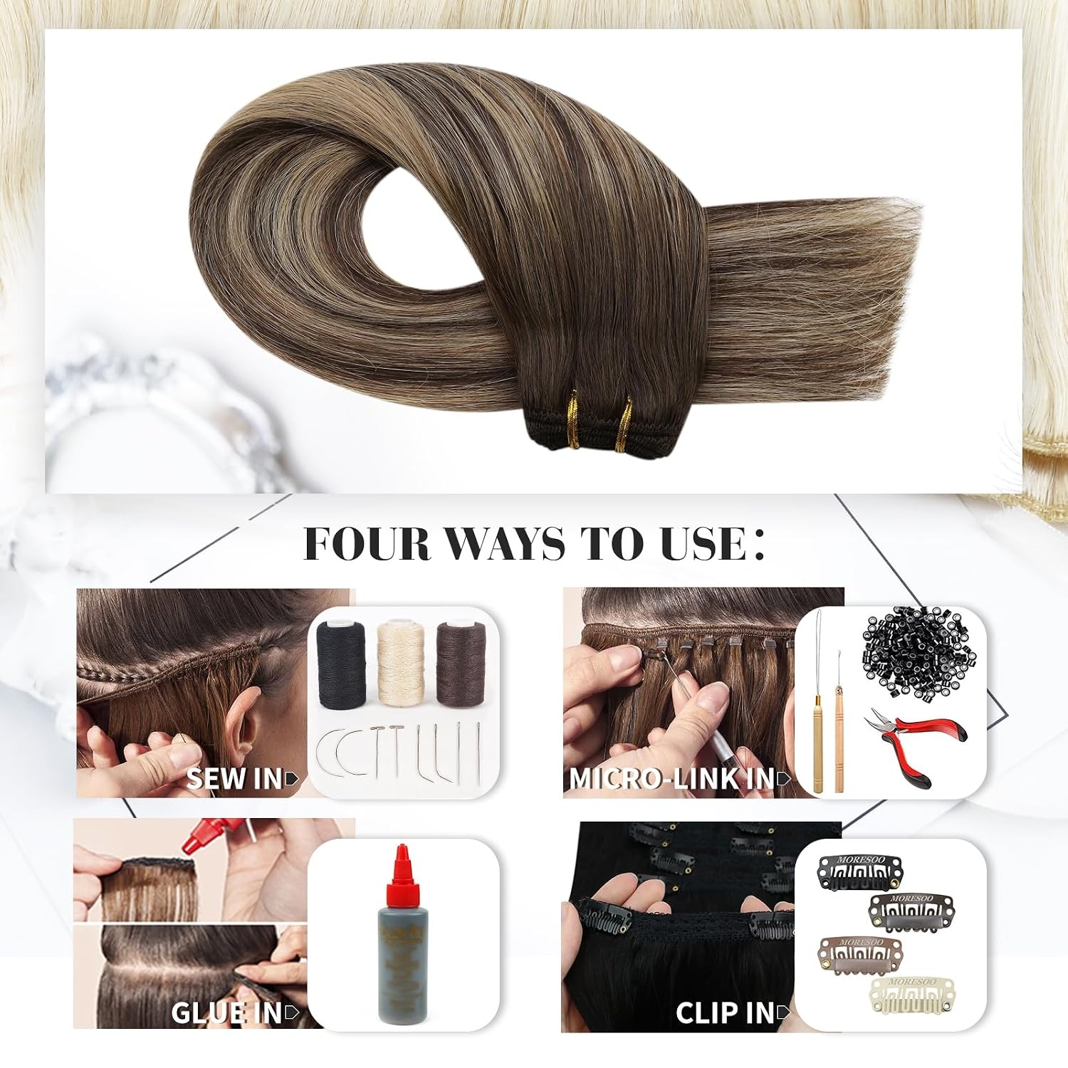 image:imageMoresoo Tape in Hair Extensions Human Hair with Sew in Hair Extensions Balayage 18inch bundle