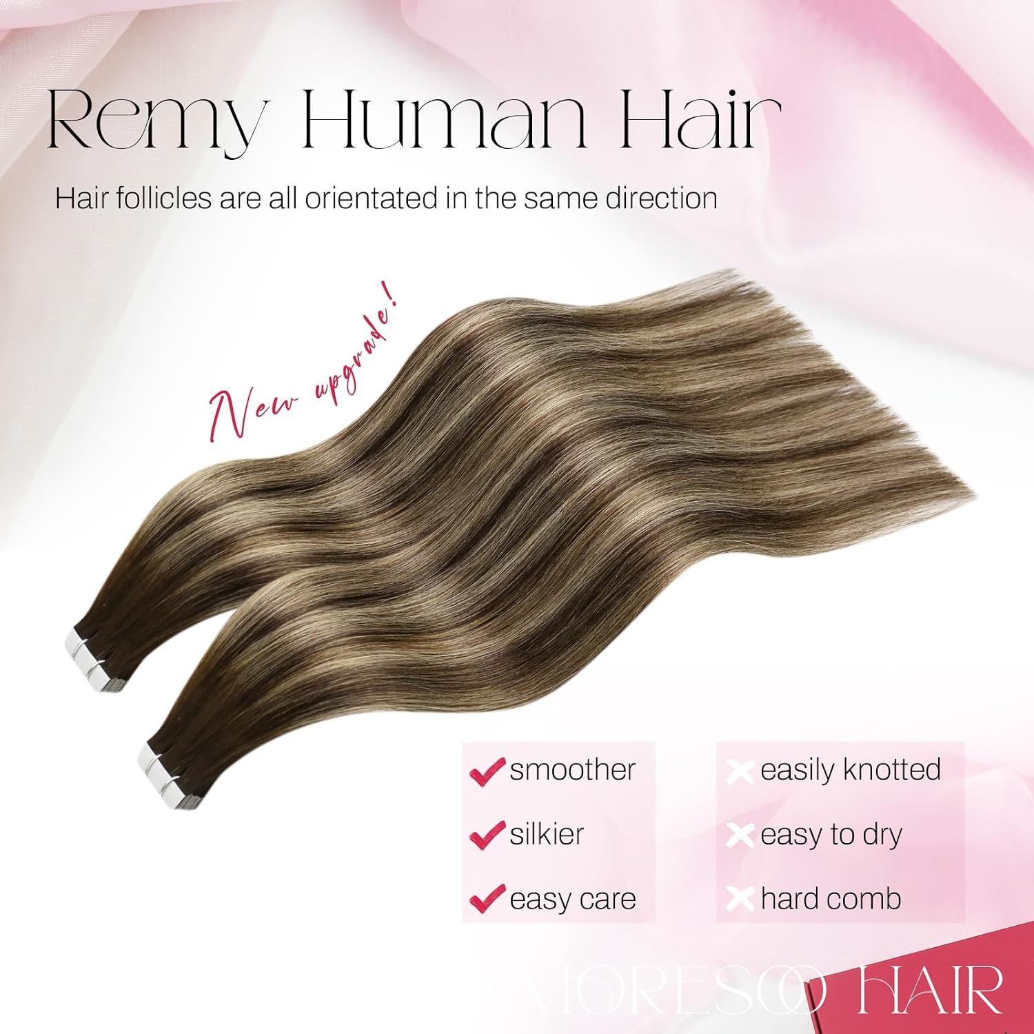 image:imageMoresoo Tape in Hair Extensions Human Hair with Sew in Hair Extensions Balayage 18inch bundle